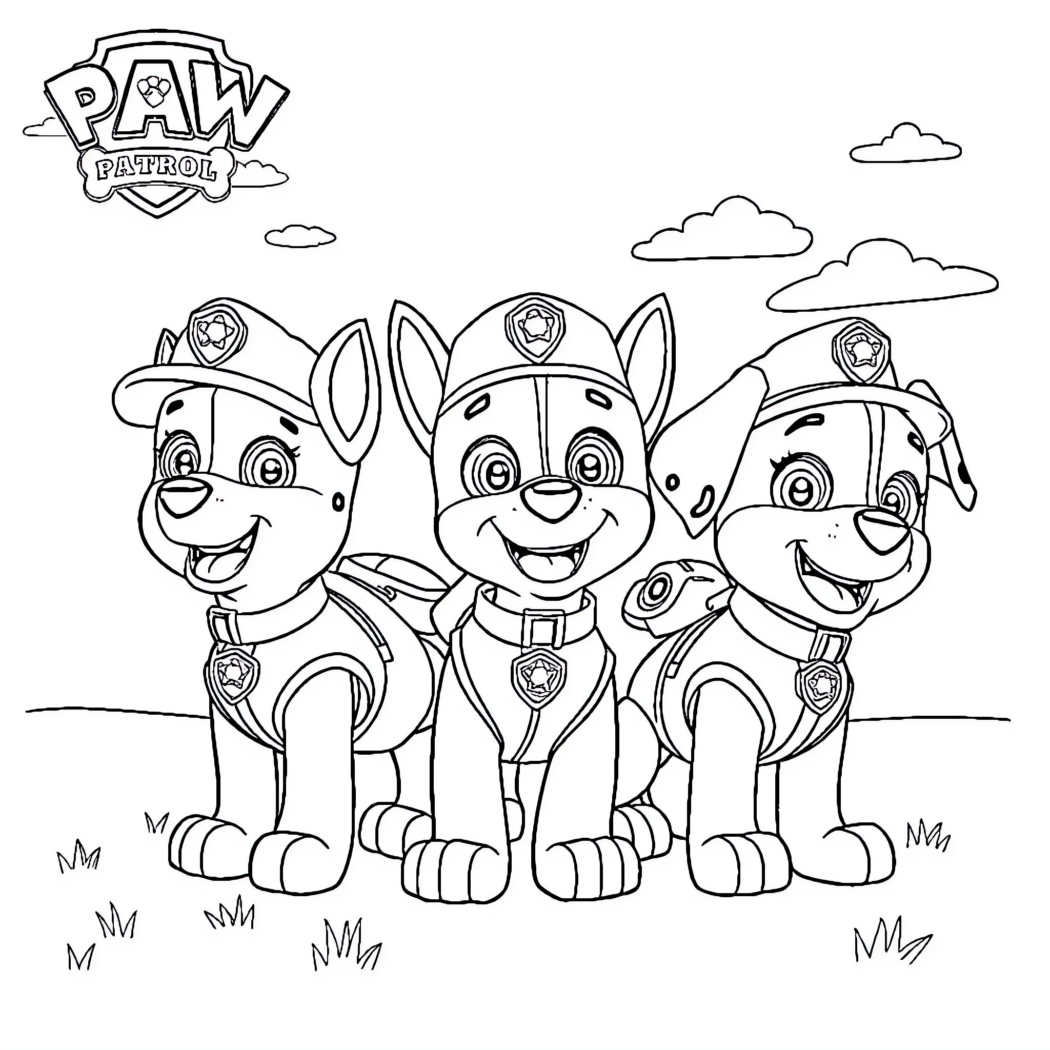 Paw Patrol trio in uniform on duty Coloring Page (free black-and-white line drawing printable PDF for all, from beginners to advanced learners, including children, teens, adults, and seniors)