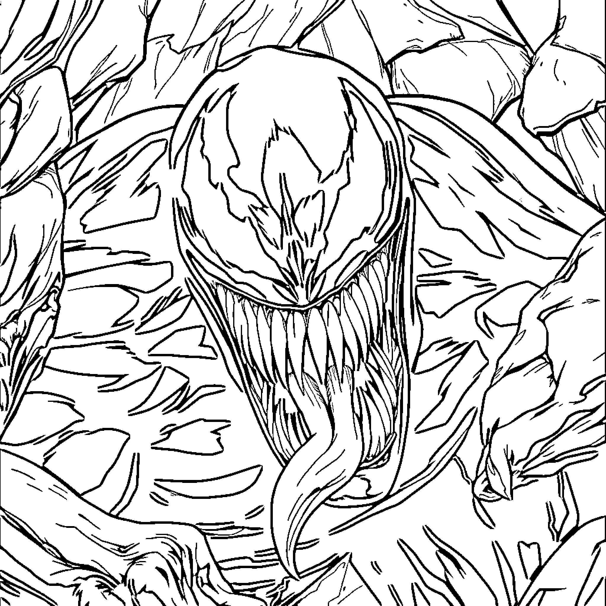 Venom's Fierce Encounter in the Darkened Lair Coloring Page (free black-and-white line drawing printable PDF for all, from beginners to advanced learners, including children, teens, adults, and seniors)