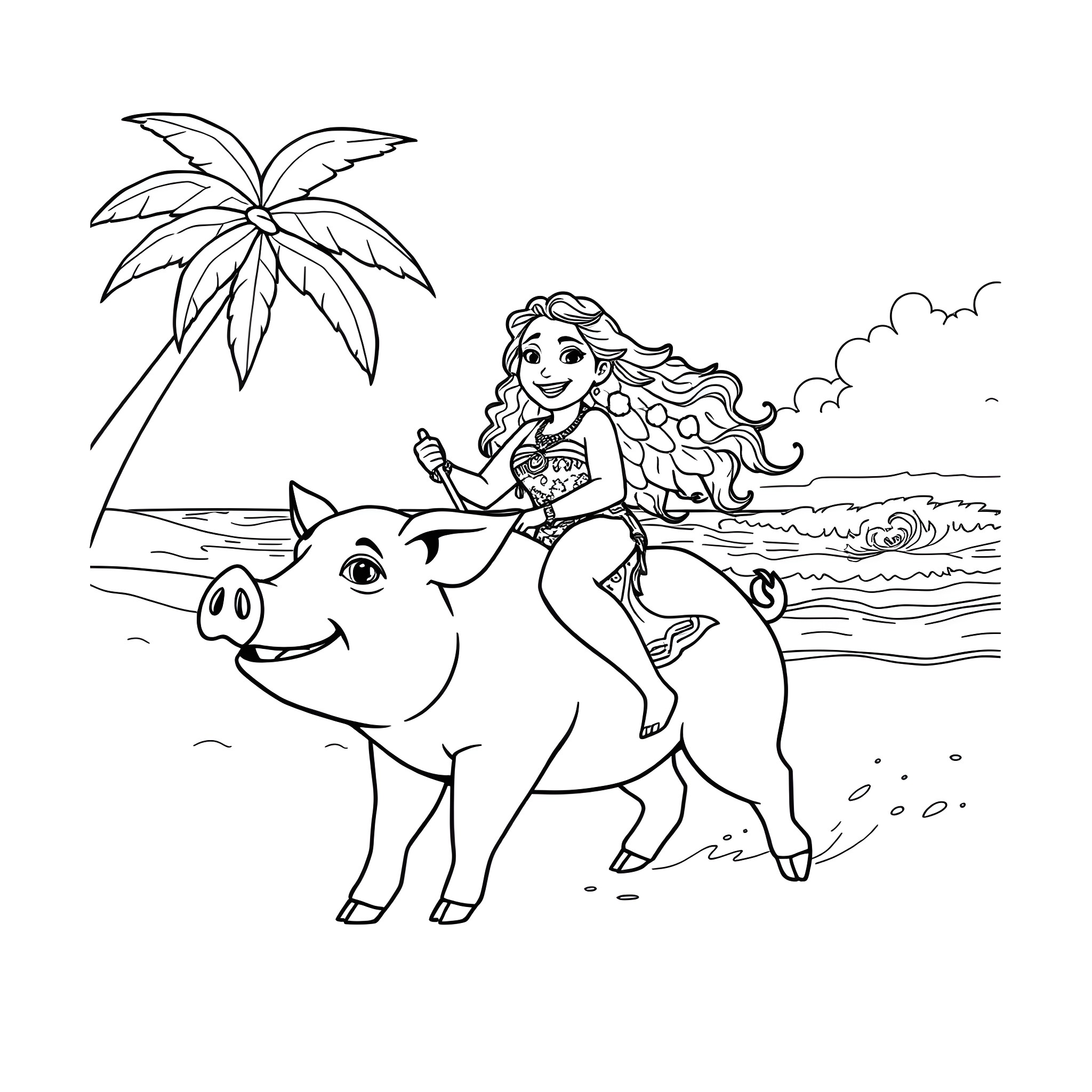 Moana riding a friendly pig on the beach Coloring Page (free black-and-white line drawing printable PDF for all, from beginners to advanced learners, including children, teens, adults, and seniors)