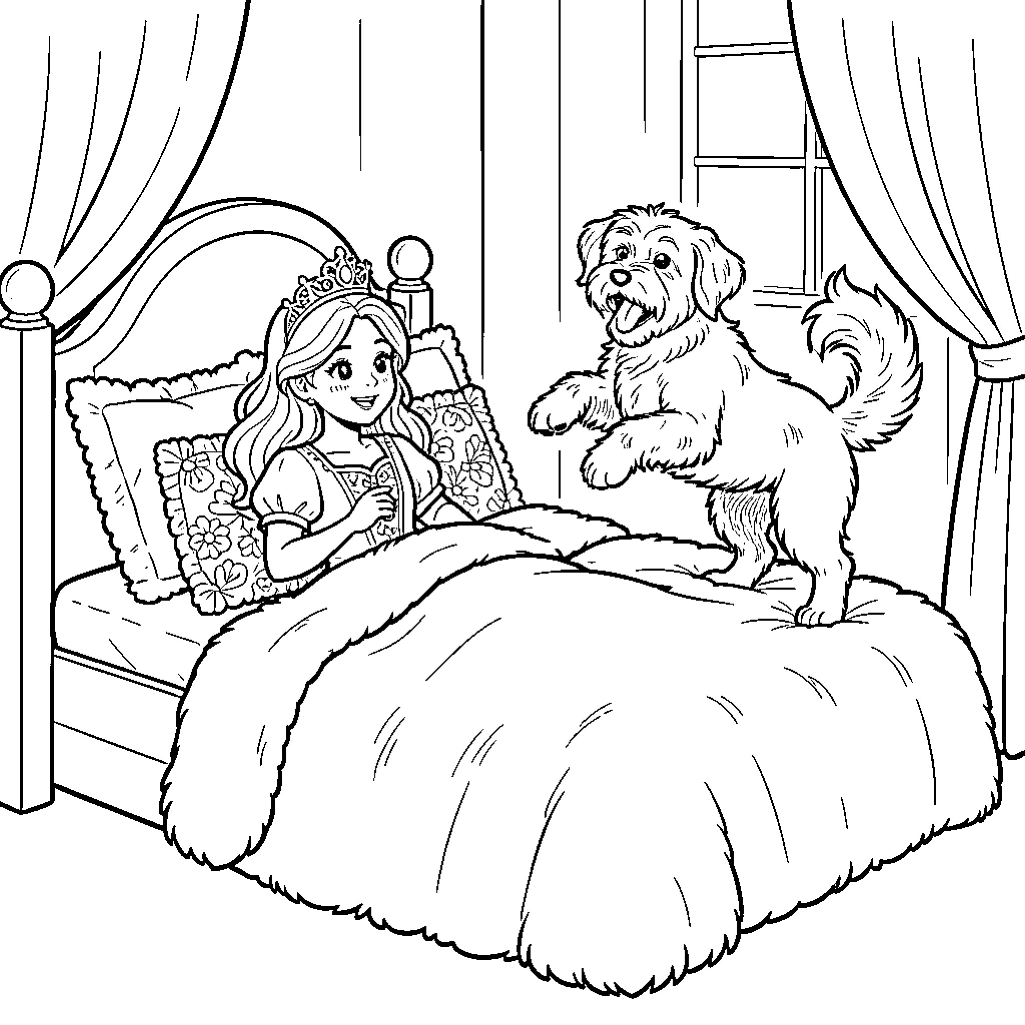 Princess relaxing with her pet in her bedroom Coloring Page (free black-and-white line drawing printable PDF for all, from beginners to advanced learners, including children, teens, adults, and seniors)