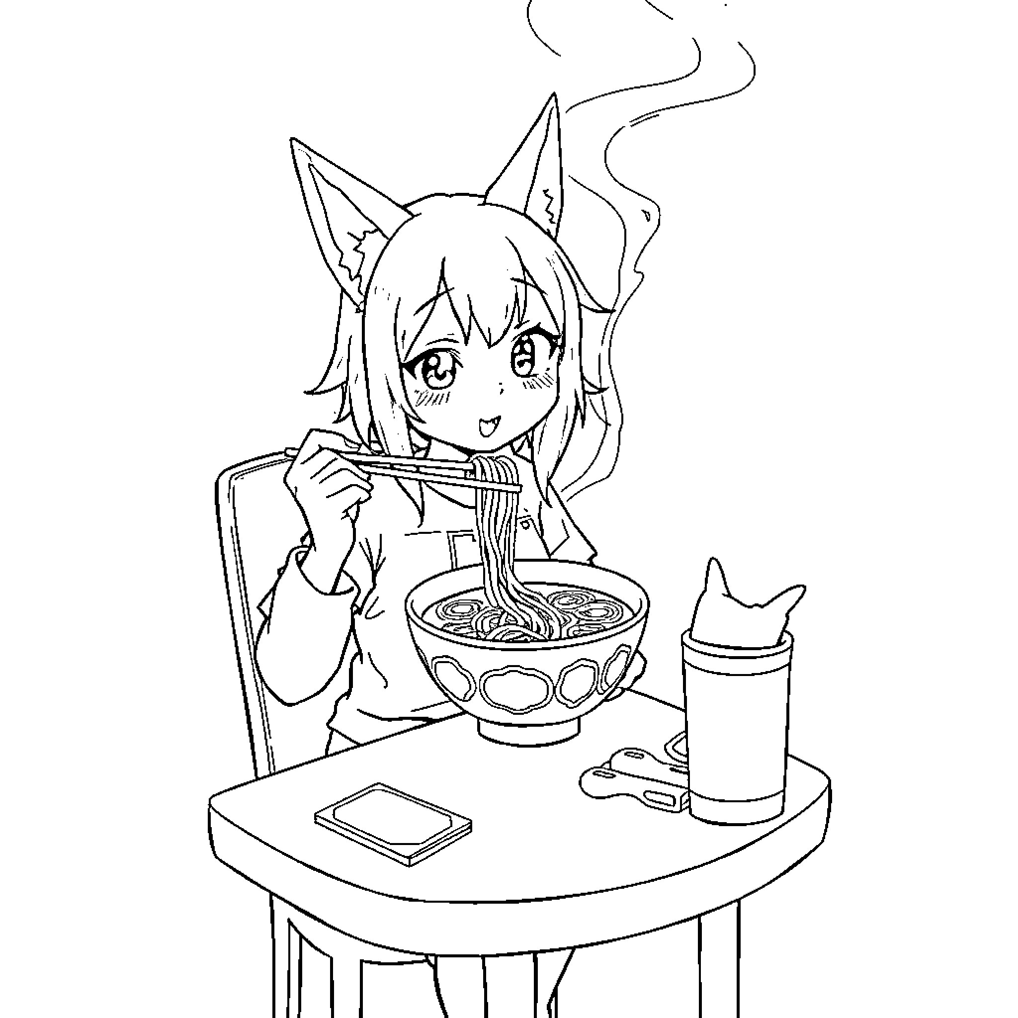 Huntrix Enjoying Tasty Noodles Coloring Page (free black-and-white line drawing printable PDF for all, from beginners to advanced learners, including children, teens, adults, and seniors)