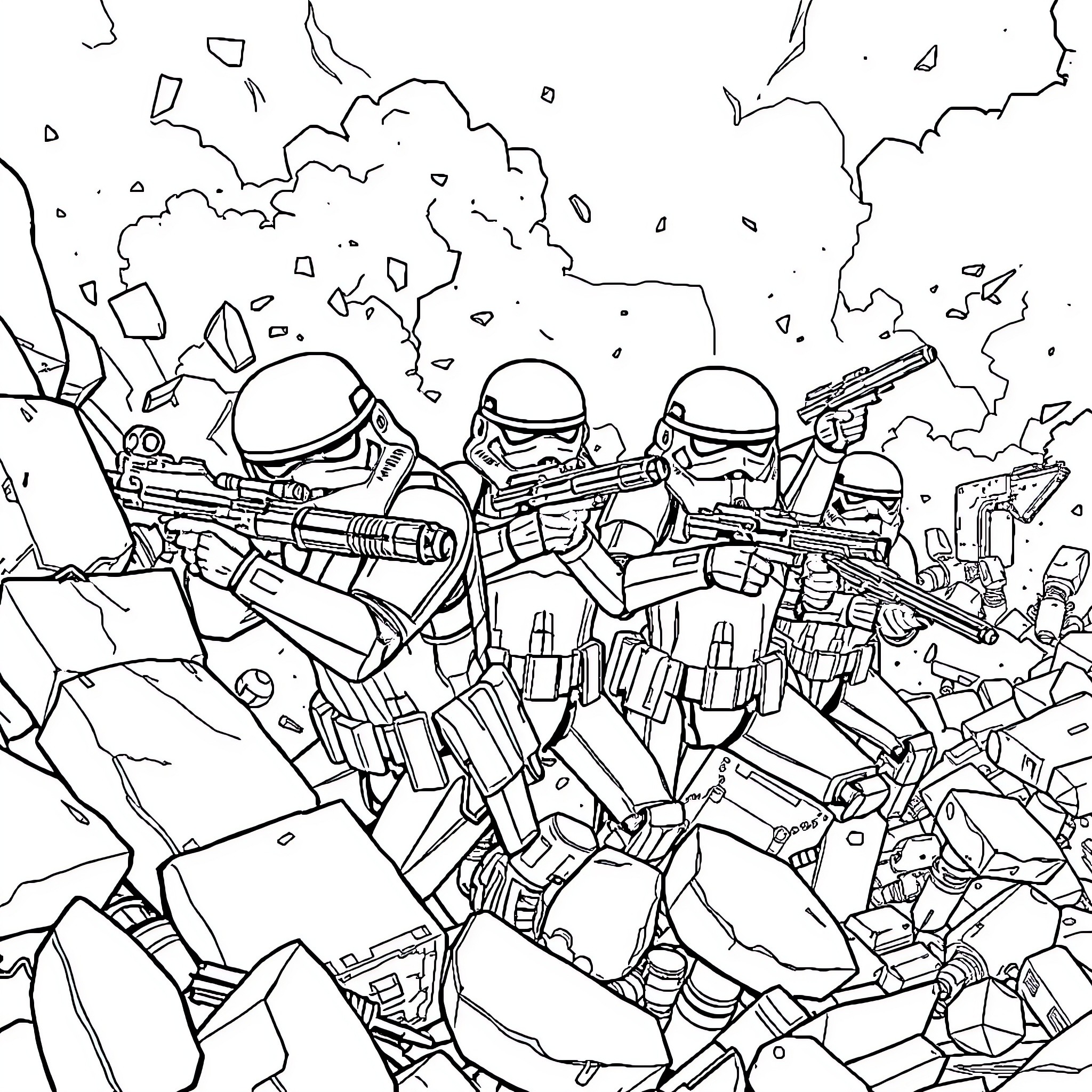 Stormtroopers in action on a battlefield Coloring Page (free black-and-white line drawing printable PDF for all, from beginners to advanced learners, including children, teens, adults, and seniors)
