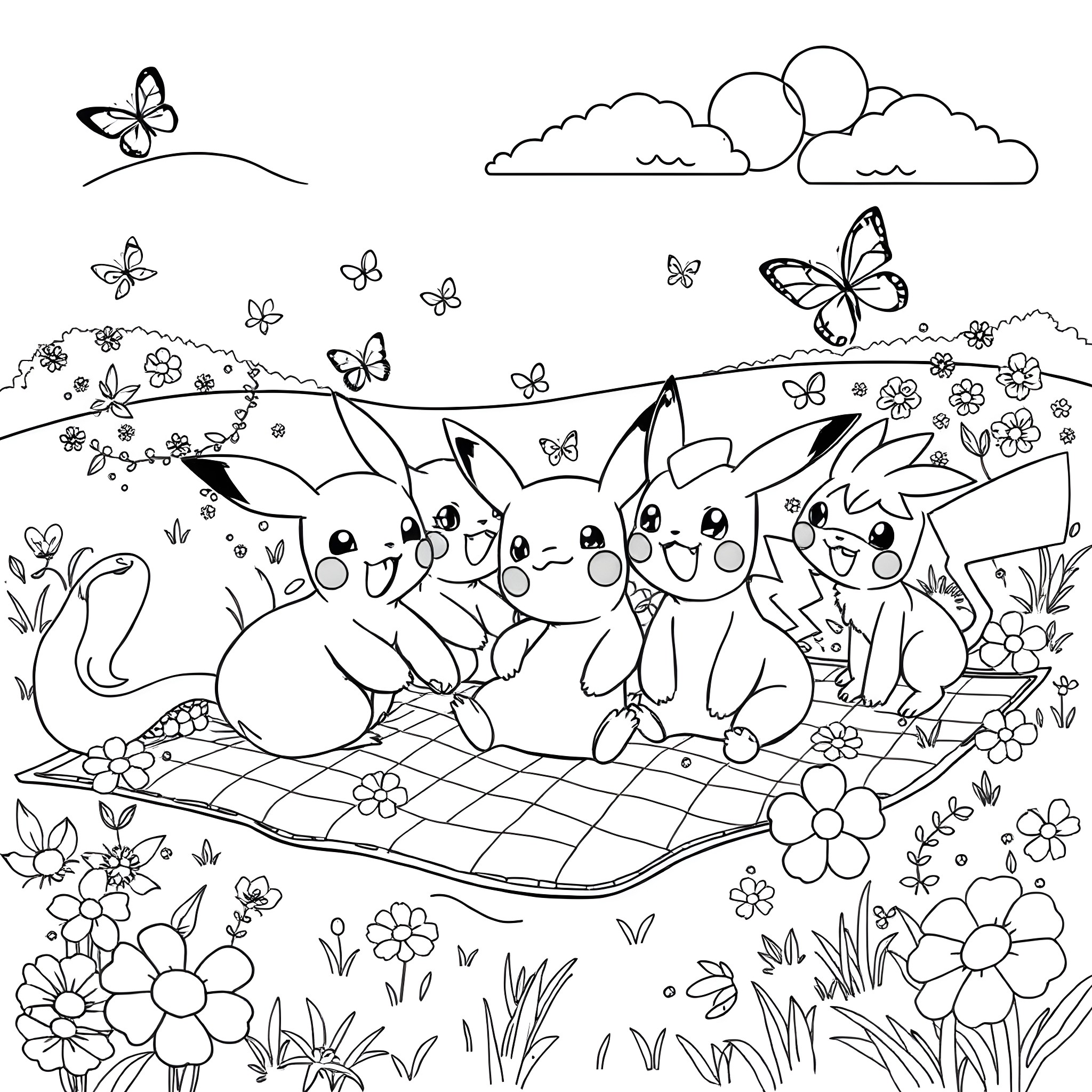 Pokémon enjoying a picnic in a floral meadow Coloring Page (free black-and-white line drawing printable PDF for all, from beginners to advanced learners, including children, teens, adults, and seniors)