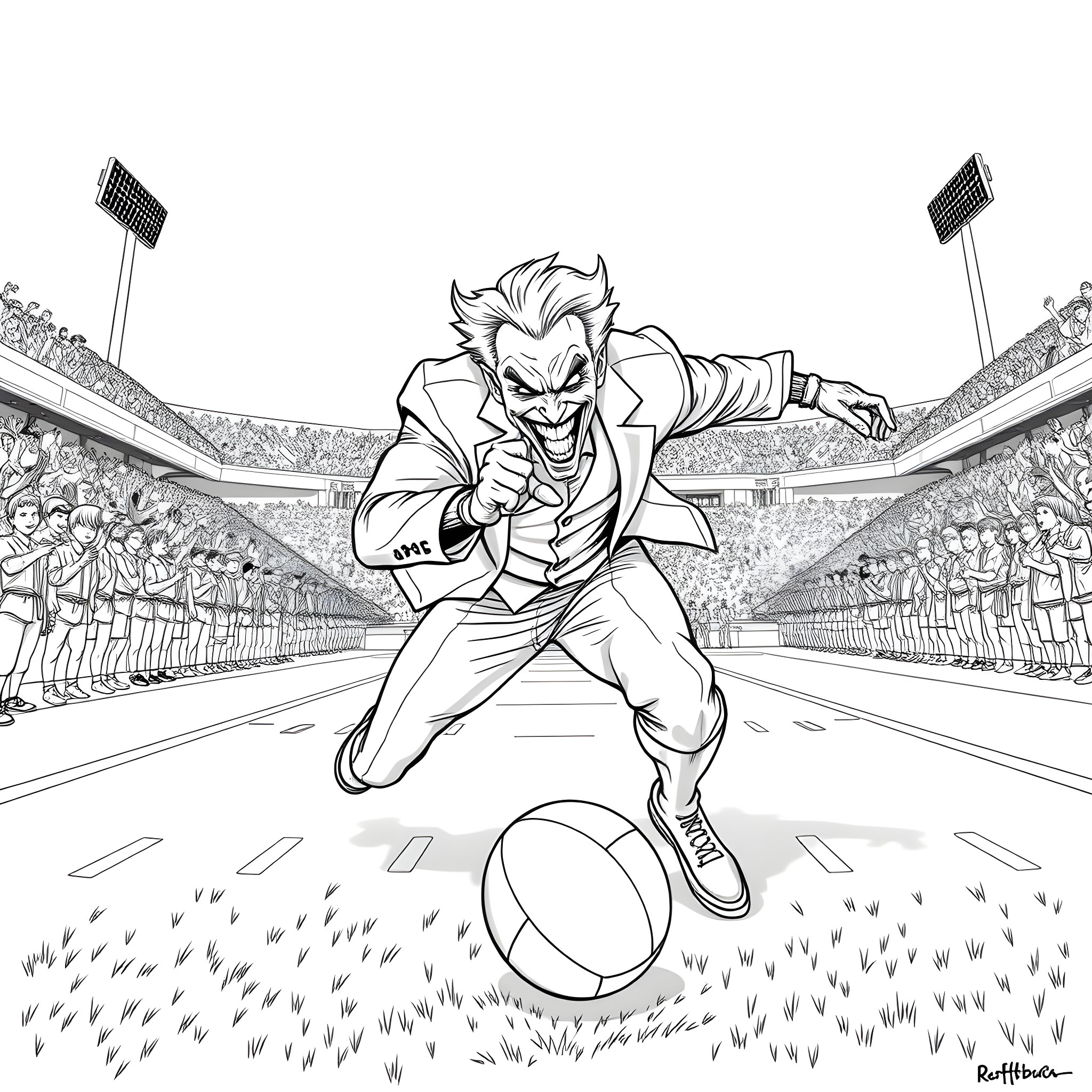 Joker's Chaotic Antics in the Stadium Coloring Page (free black-and-white line drawing printable PDF for all, from beginners to advanced learners, including children, teens, adults, and seniors)