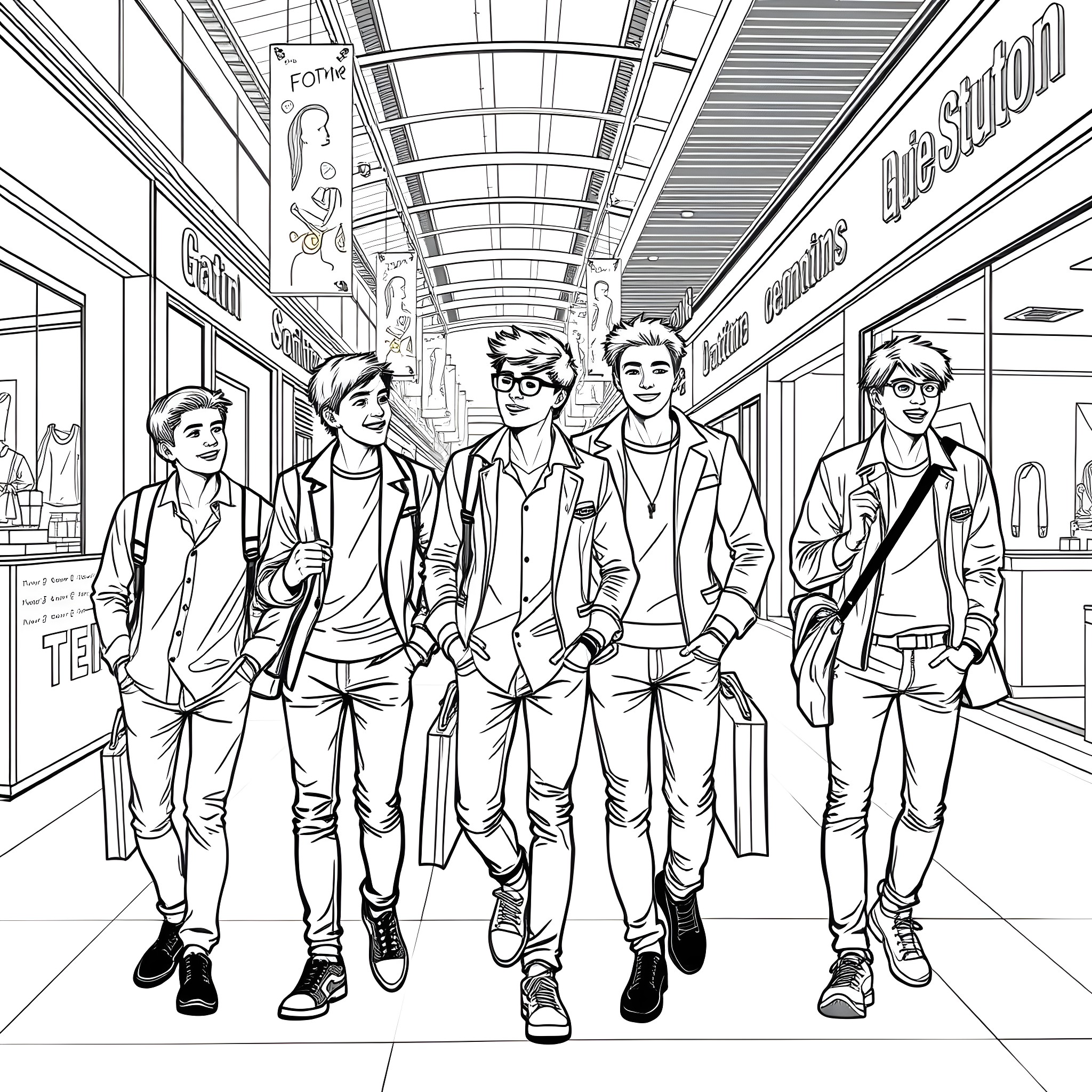 Teen Guys Walking in a Mall Coloring Page (free black-and-white line drawing printable PDF for all, from beginners to advanced learners, including children, teens, adults, and seniors)