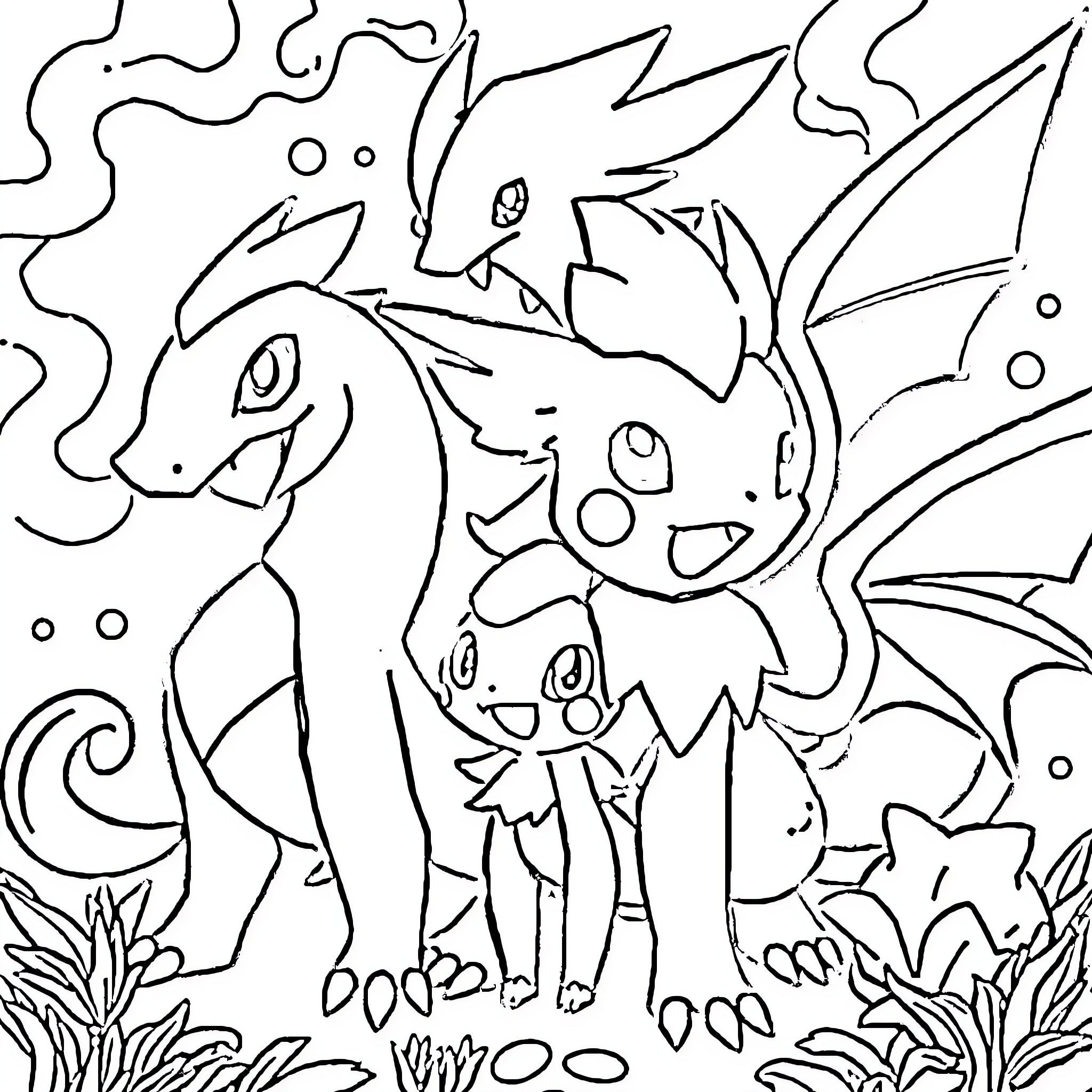 Pokémon group playing in the wilderness Coloring Page (free black-and-white line drawing printable PDF for all, from beginners to advanced learners, including children, teens, adults, and seniors)
