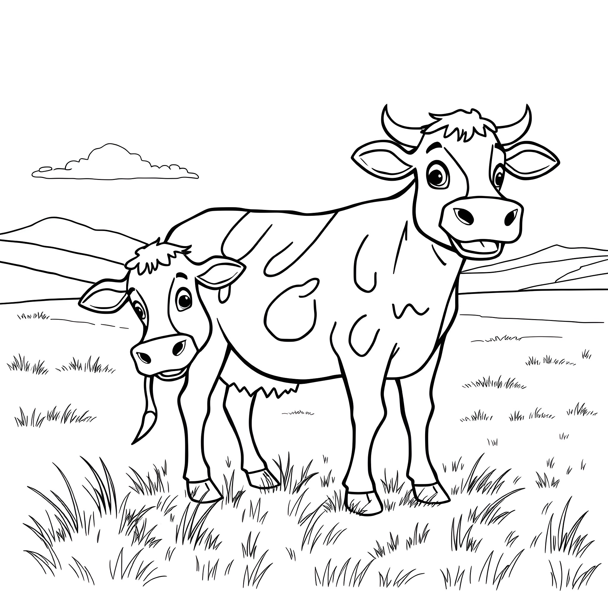 Cow buddies exploring the countryside Coloring Page (free black-and-white line drawing printable PDF for all, from beginners to advanced learners, including children, teens, adults, and seniors)