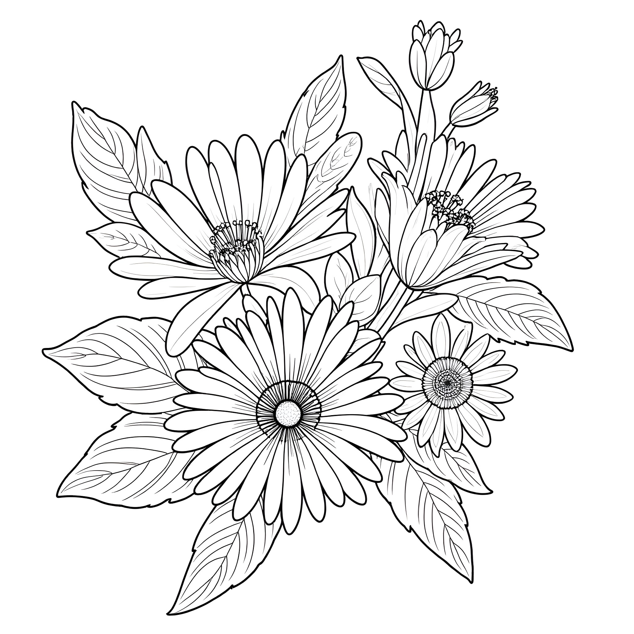 Flower bouquet with various blooms Coloring Page (free black-and-white line drawing printable PDF for all, from beginners to advanced learners, including children, teens, adults, and seniors)