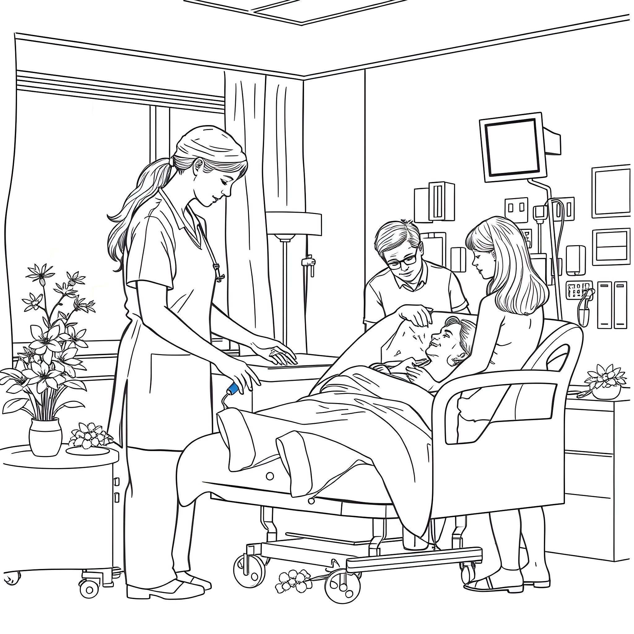 Mom caring for a sick family member at home Coloring Page (free black-and-white line drawing printable PDF for all, from beginners to advanced learners, including children, teens, adults, and seniors)