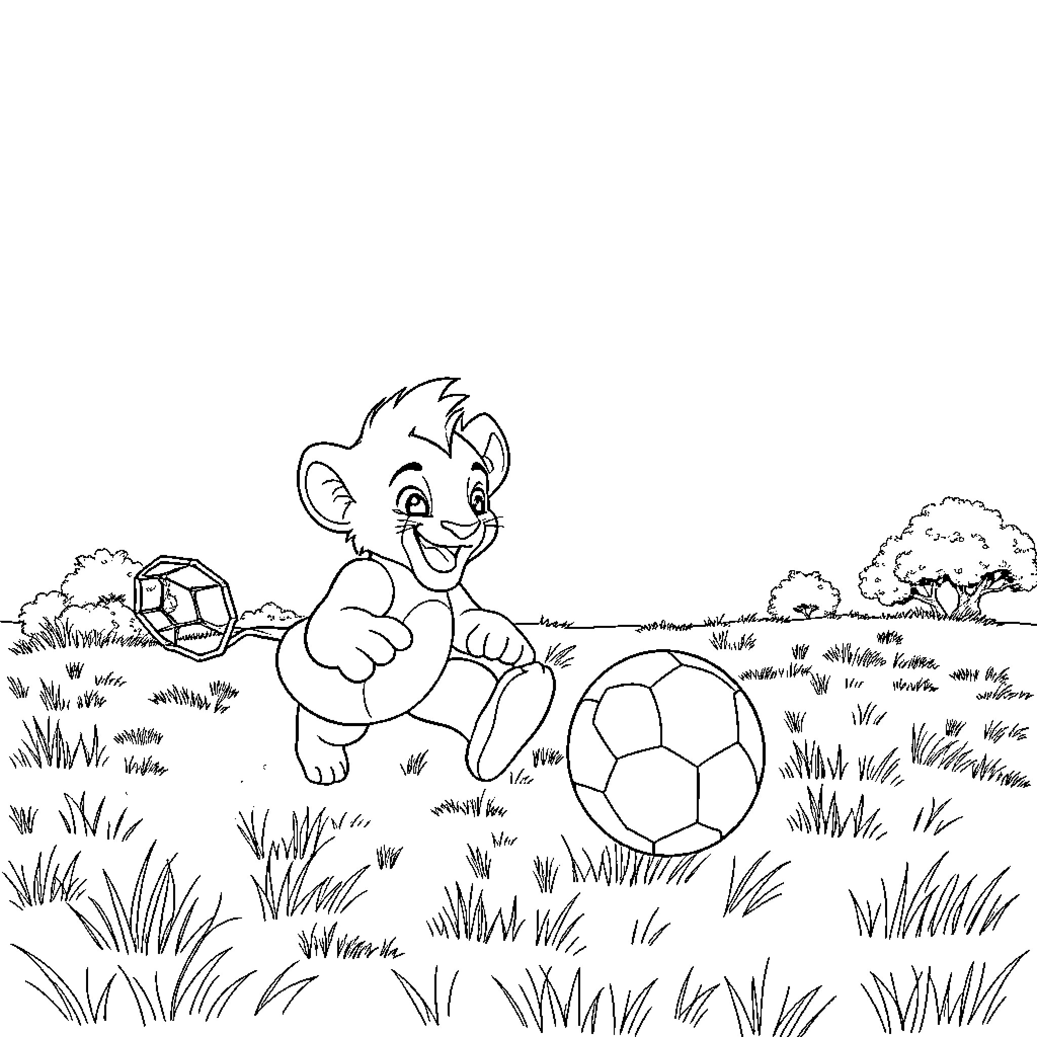 Simba playing with a soccer ball in the meadow Coloring Page (free black-and-white line drawing printable PDF for all, from beginners to advanced learners, including children, teens, adults, and seniors)