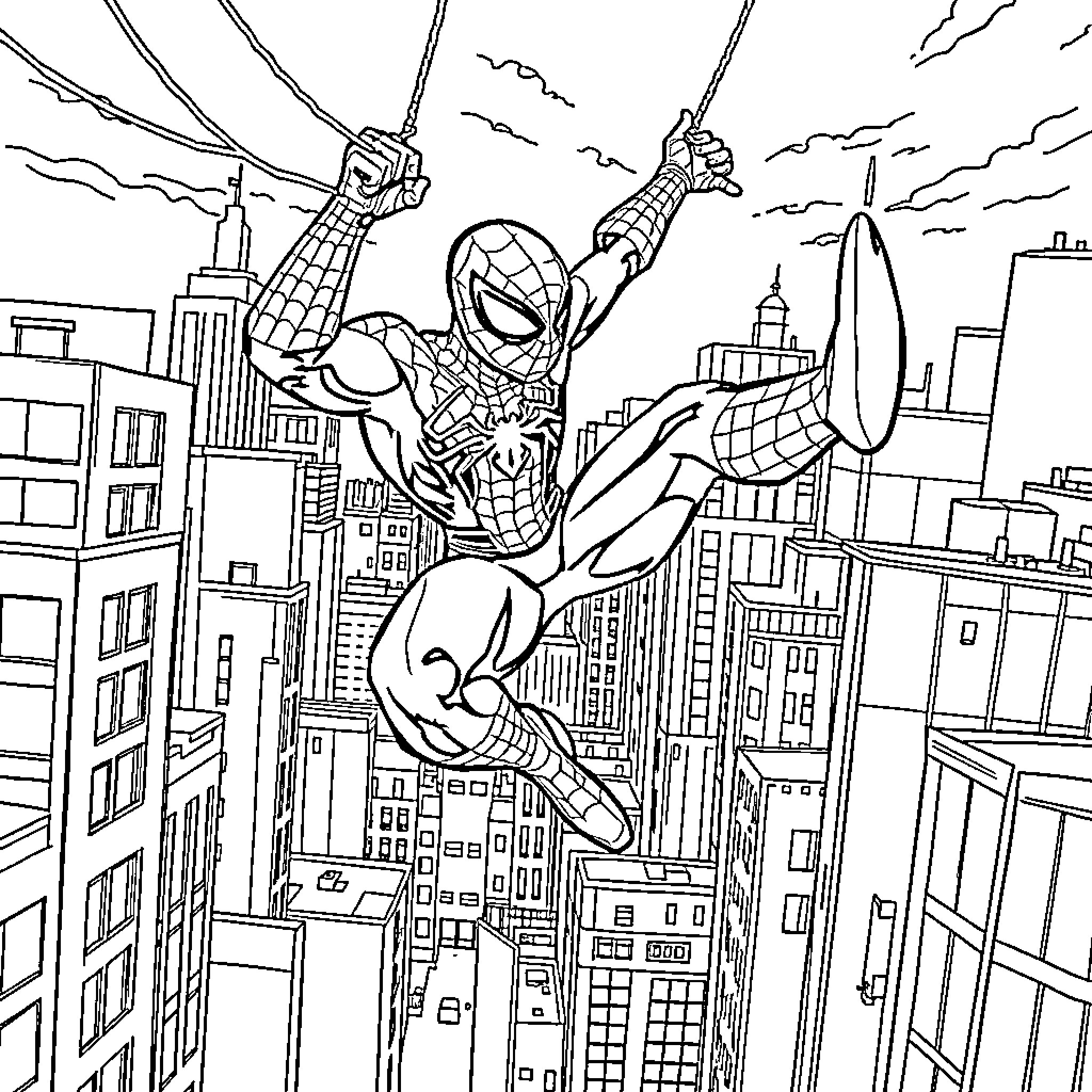 Spiderman swinging through the city skyline Coloring Page (free black-and-white line drawing printable PDF for all, from beginners to advanced learners, including children, teens, adults, and seniors)