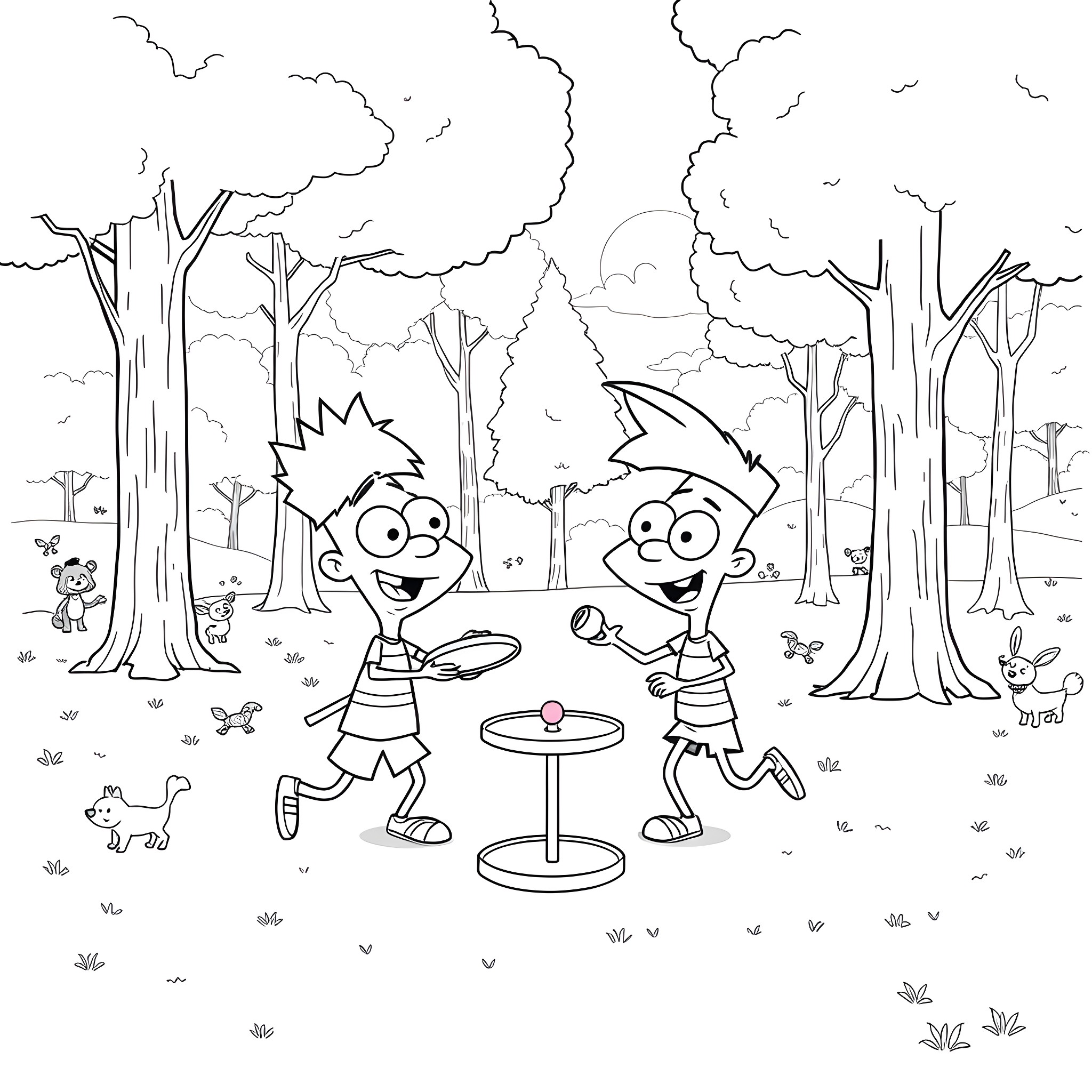 Phineas and Ferb's Outdoor Adventure Coloring Page (free black-and-white line drawing printable PDF for all, from beginners to advanced learners, including children, teens, adults, and seniors)