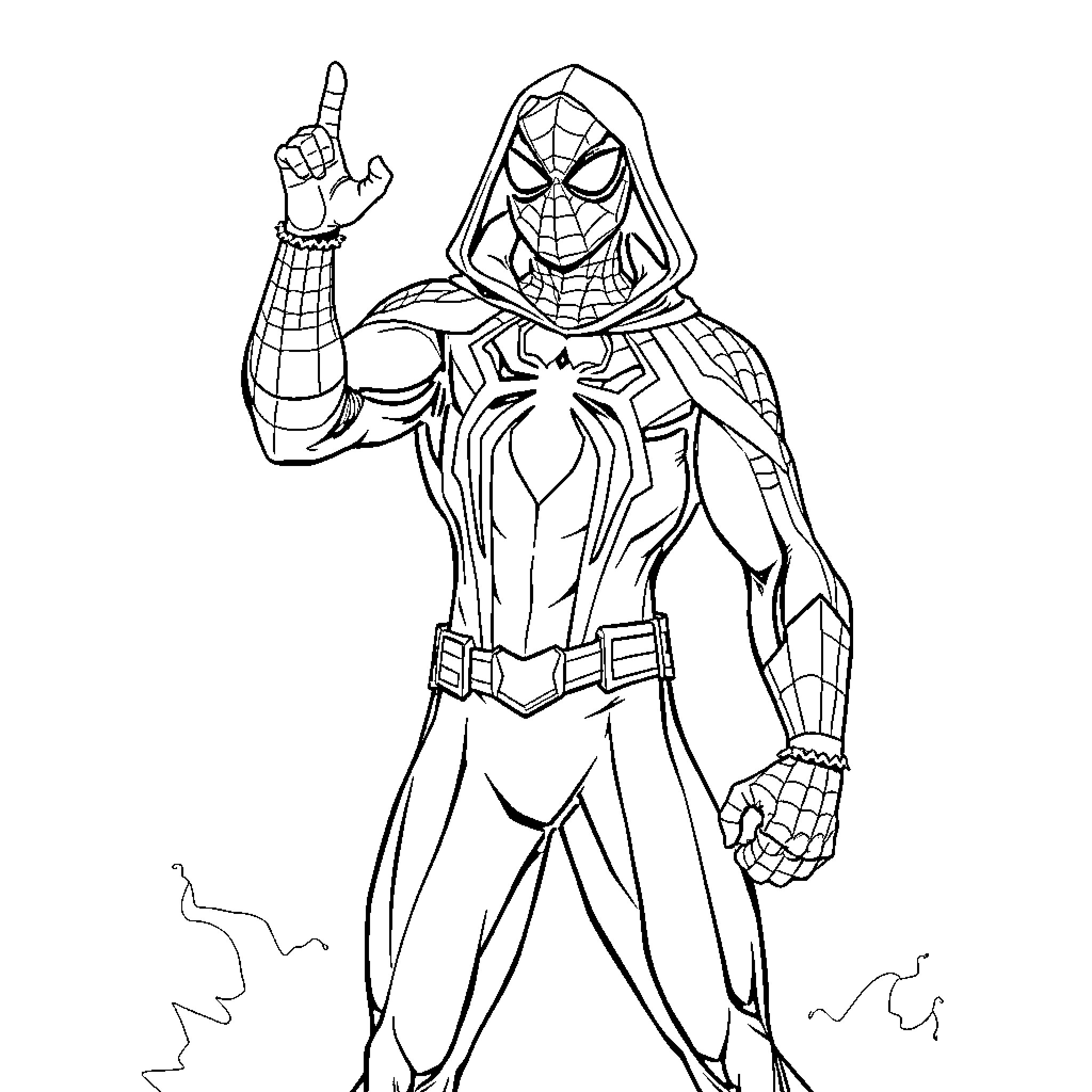 Spiderman standing heroically in action pose Coloring Page (free black-and-white line drawing printable PDF for all, from beginners to advanced learners, including children, teens, adults, and seniors)