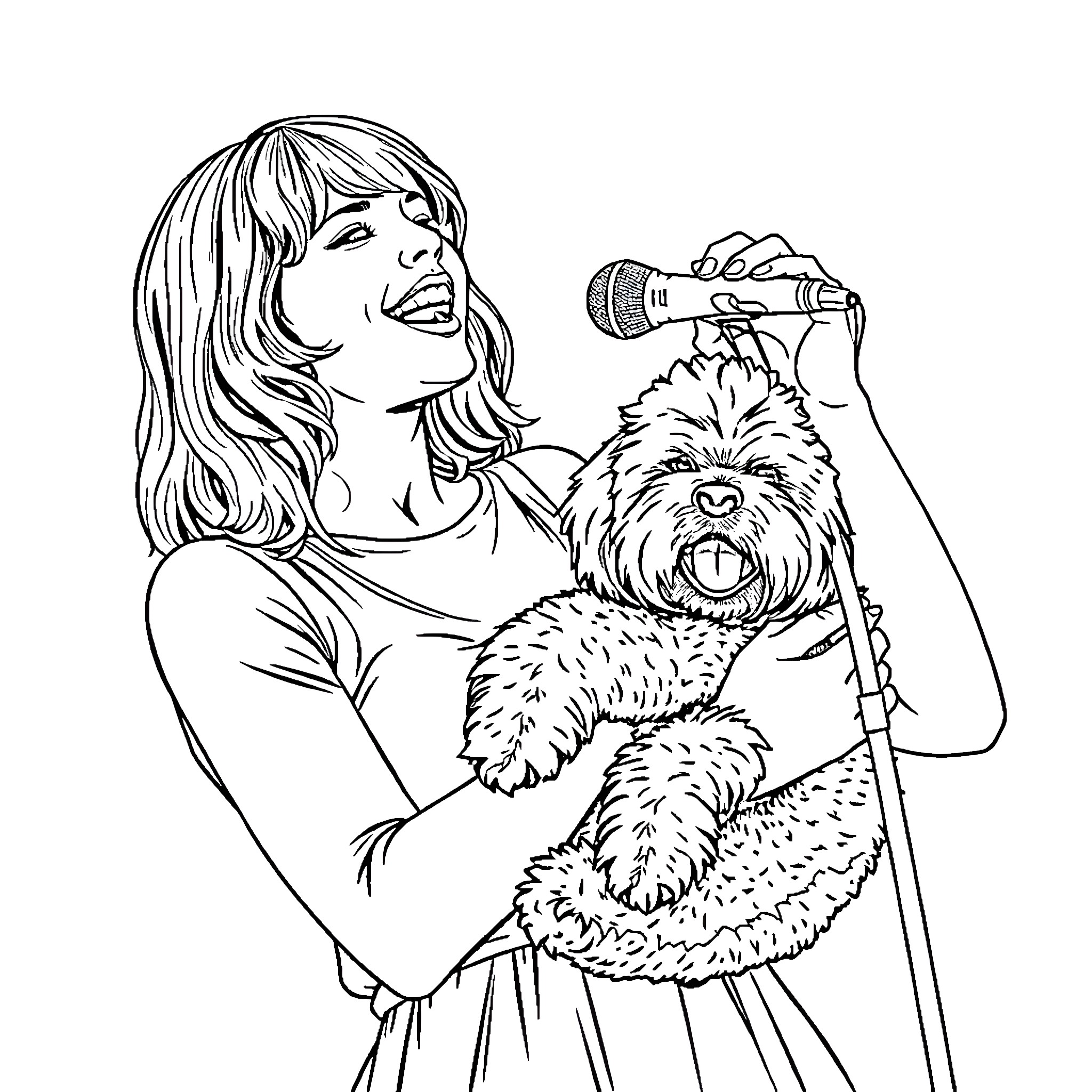 Taylor Swift performing with her dog on stage Coloring Page (free black-and-white line drawing printable PDF for all, from beginners to advanced learners, including children, teens, adults, and seniors)