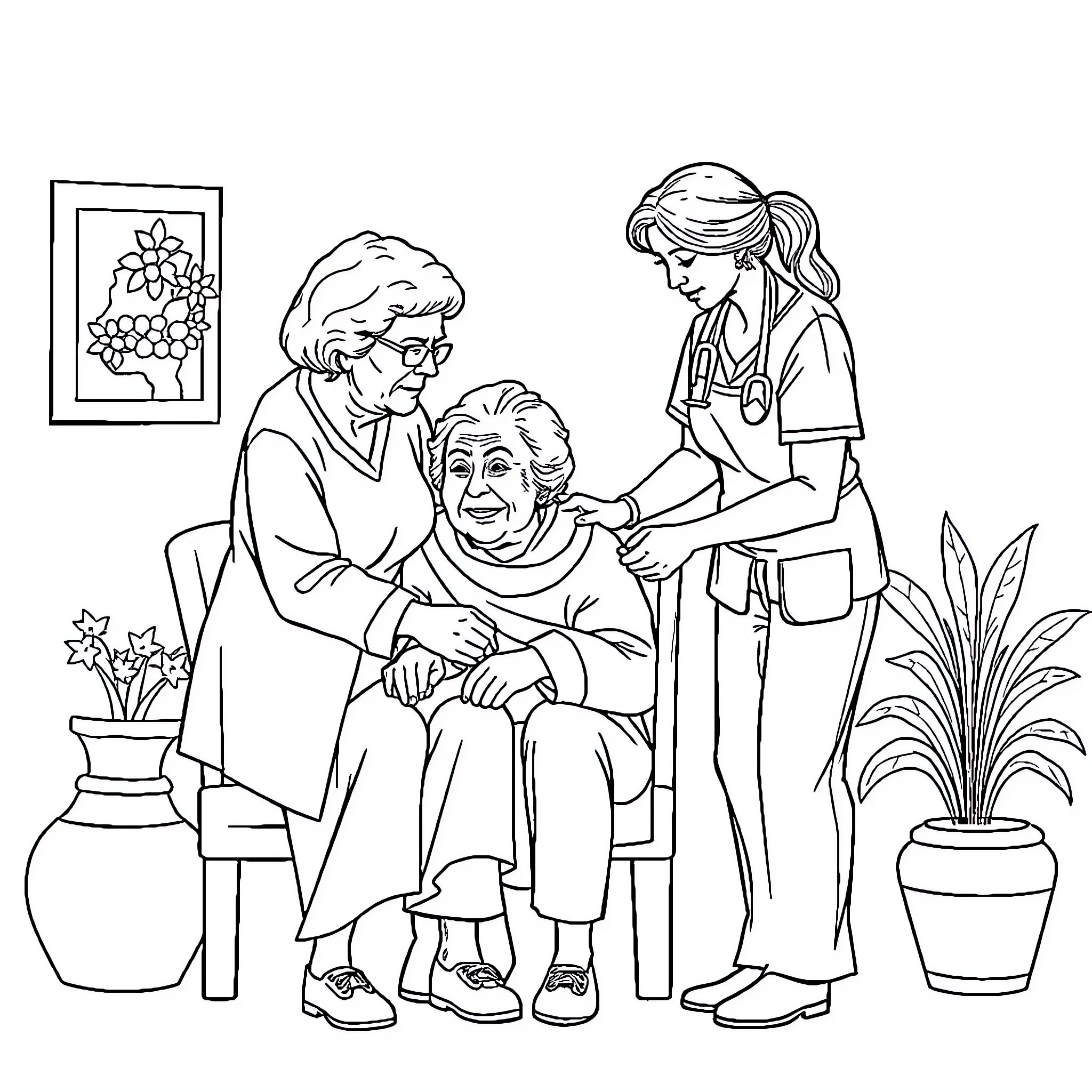 Caregiver Providing Compassionate Care to Elderly Patient Coloring Page (free black-and-white line drawing printable PDF for all, from beginners to advanced learners, including children, teens, adults, and seniors)