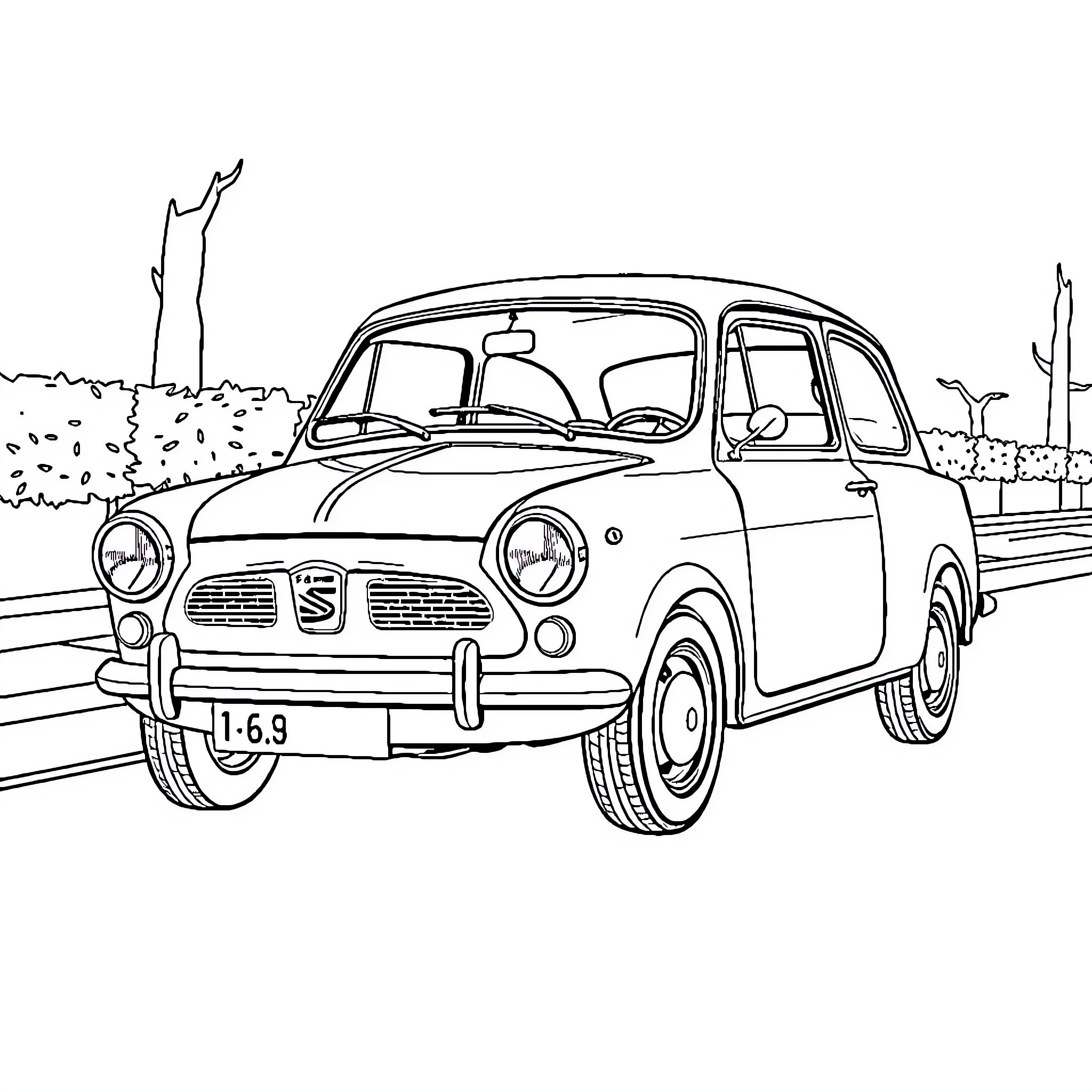 Seat 600 classic car on countryside road Coloring Page (free black-and-white line drawing printable PDF for all, from beginners to advanced learners, including children, teens, adults, and seniors)