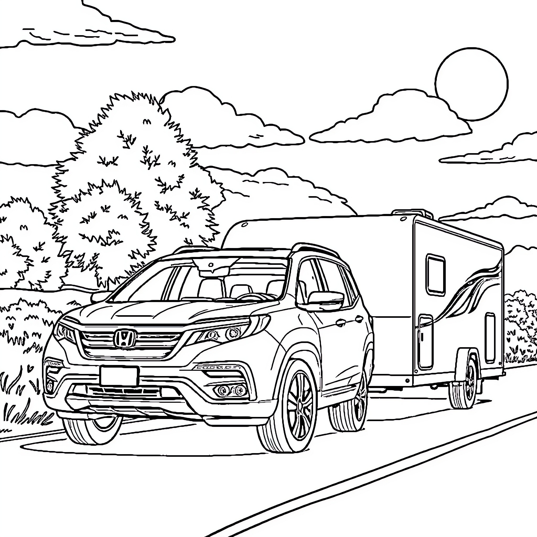 Honda Pilot towing a camper through the countryside Coloring Page (free black-and-white line drawing printable PDF for all, from beginners to advanced learners, including children, teens, adults, and seniors)