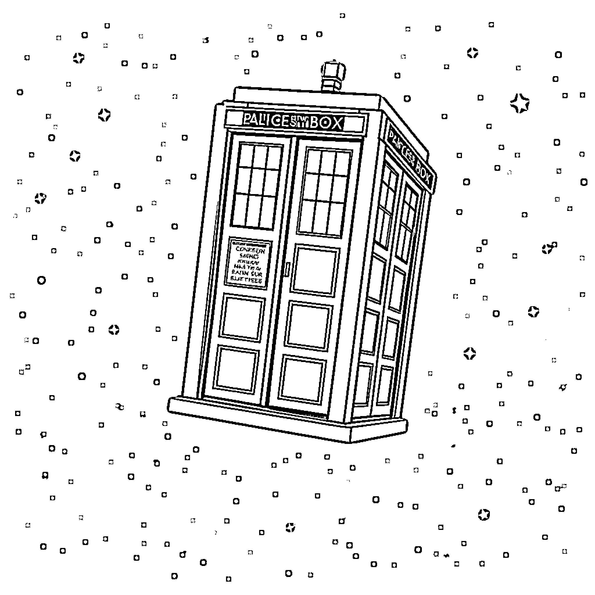 TARDIS in a starry night Coloring Page (free black-and-white line drawing printable PDF for all, from beginners to advanced learners, including children, teens, adults, and seniors)