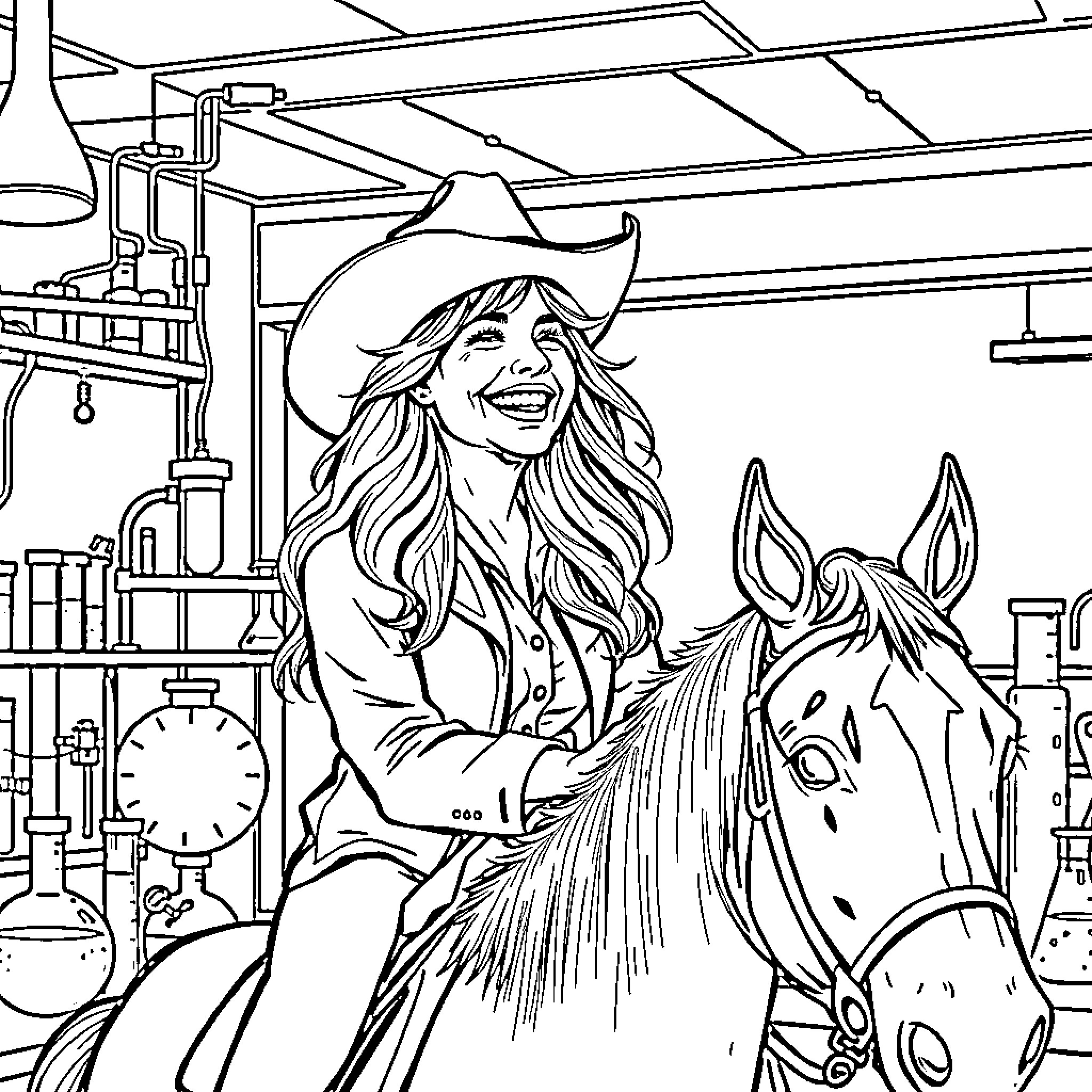 Woman riding a horse in a ranch setting Coloring Page (free black-and-white line drawing printable PDF for all, from beginners to advanced learners, including children, teens, adults, and seniors)