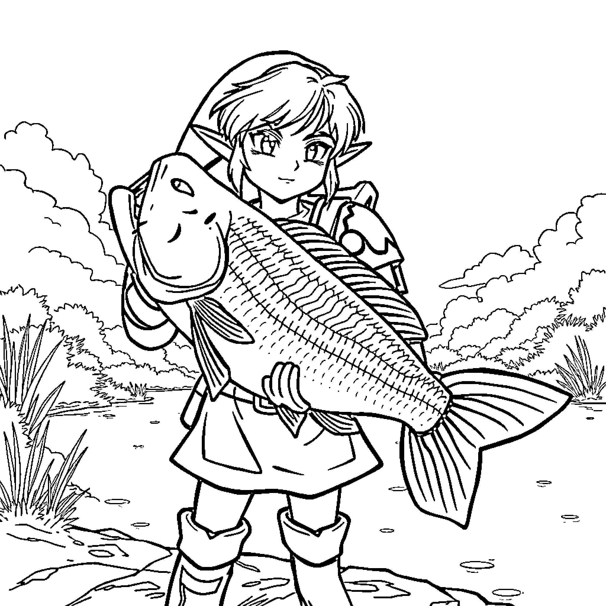Link Carrying a Massive Fish in the River Coloring Page (free black-and-white line drawing printable PDF for all, from beginners to advanced learners, including children, teens, adults, and seniors)