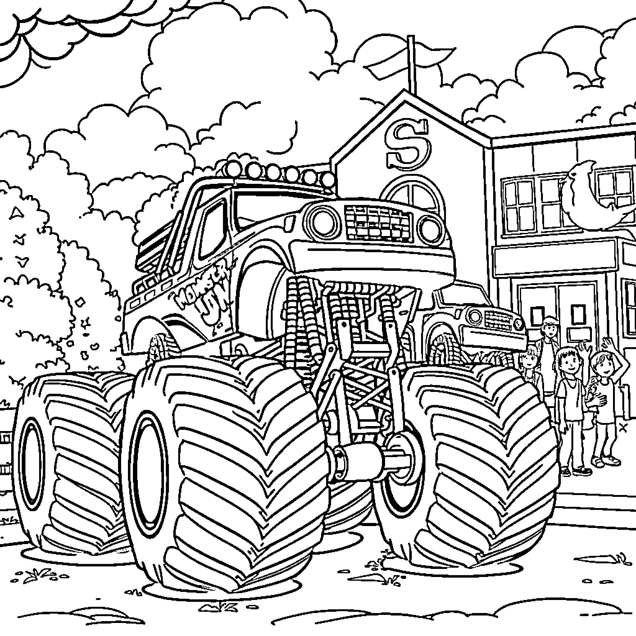 Monster Truck Crushing Obstacles in the City Coloring Page (free black-and-white line drawing printable PDF for all, from beginners to advanced learners, including children, teens, adults, and seniors)