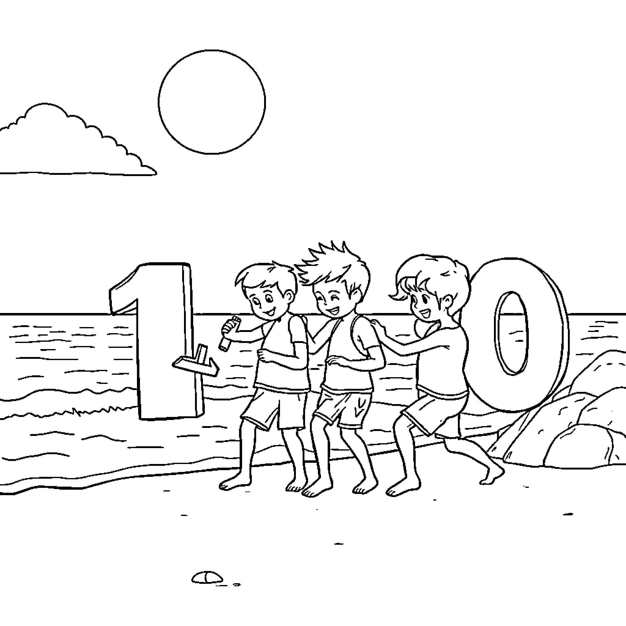 Number Group celebrating by the beach Coloring Page (free black-and-white line drawing printable PDF for all, from beginners to advanced learners, including children, teens, adults, and seniors)