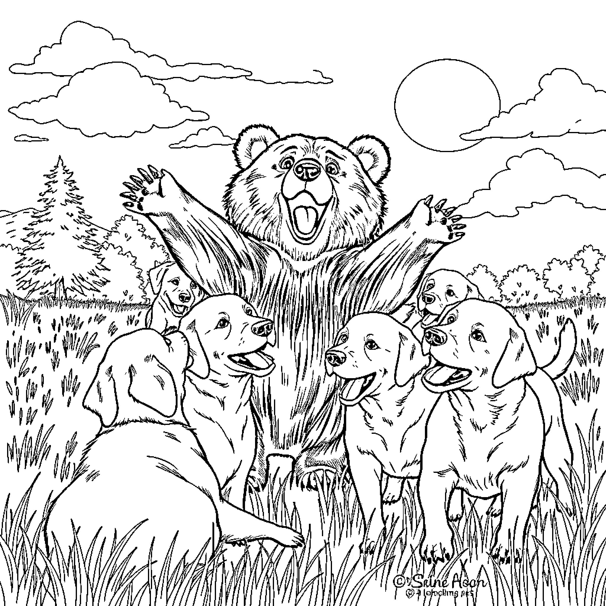 Bear Playfully Interacting with Puppies in Nature Coloring Page (free black-and-white line drawing printable PDF for all, from beginners to advanced learners, including children, teens, adults, and seniors)