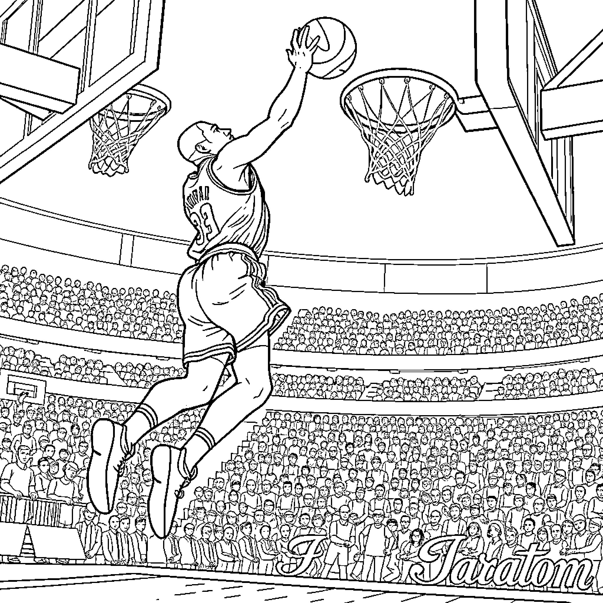 Michael Jordan Slam Dunks in Basketball Game Coloring Page (free black-and-white line drawing printable PDF for all, from beginners to advanced learners, including children, teens, adults, and seniors)