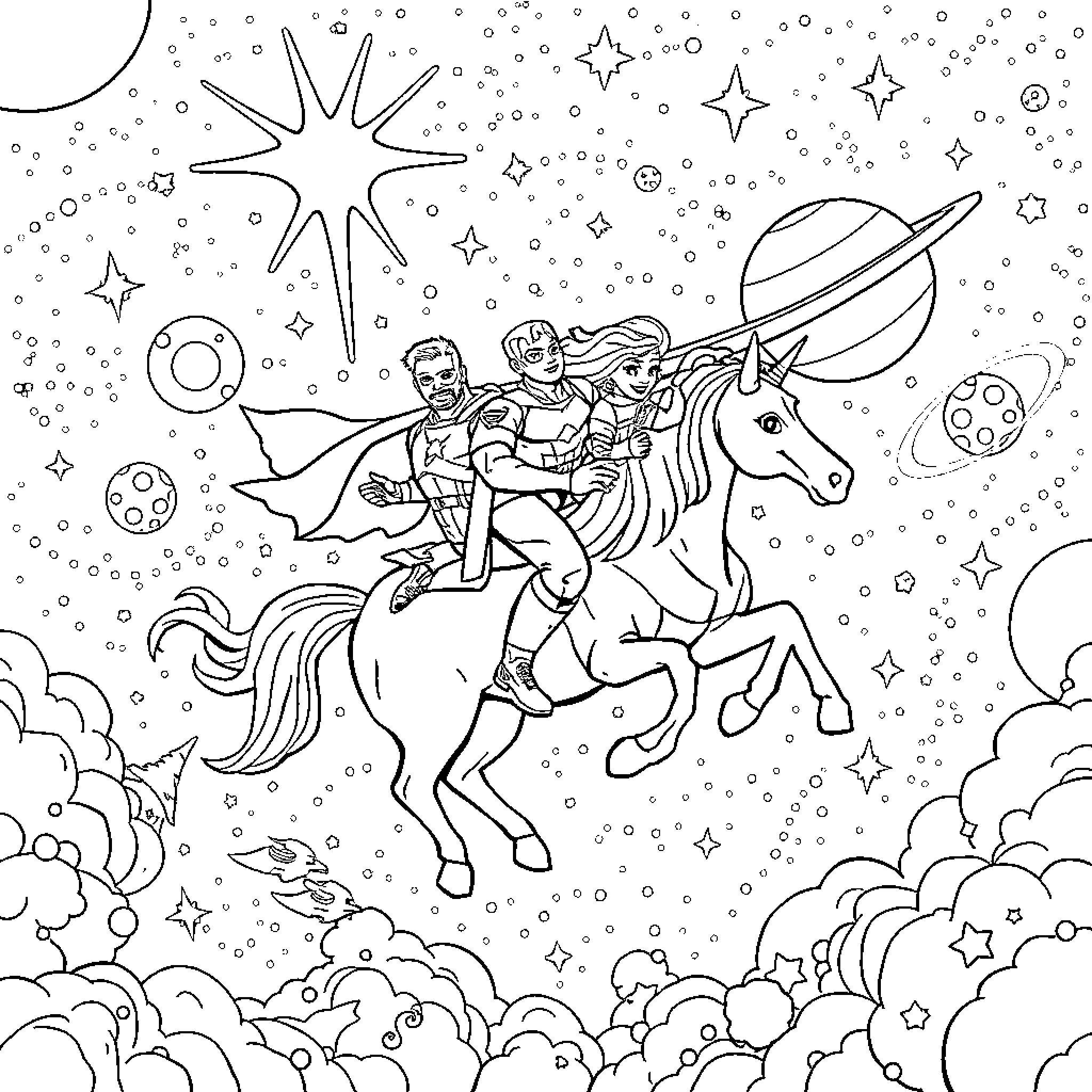 Avenger heroes riding unicorn through cosmic scene Coloring Page (free black-and-white line drawing printable PDF for all, from beginners to advanced learners, including children, teens, adults, and seniors)