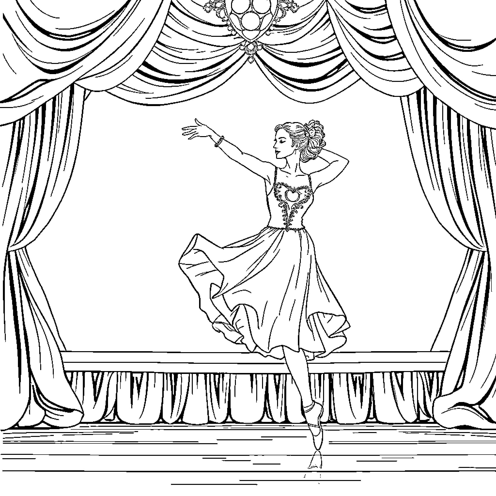 Valerina Performing on the Stage Coloring Page (free black-and-white line drawing printable PDF for all, from beginners to advanced learners, including children, teens, adults, and seniors)