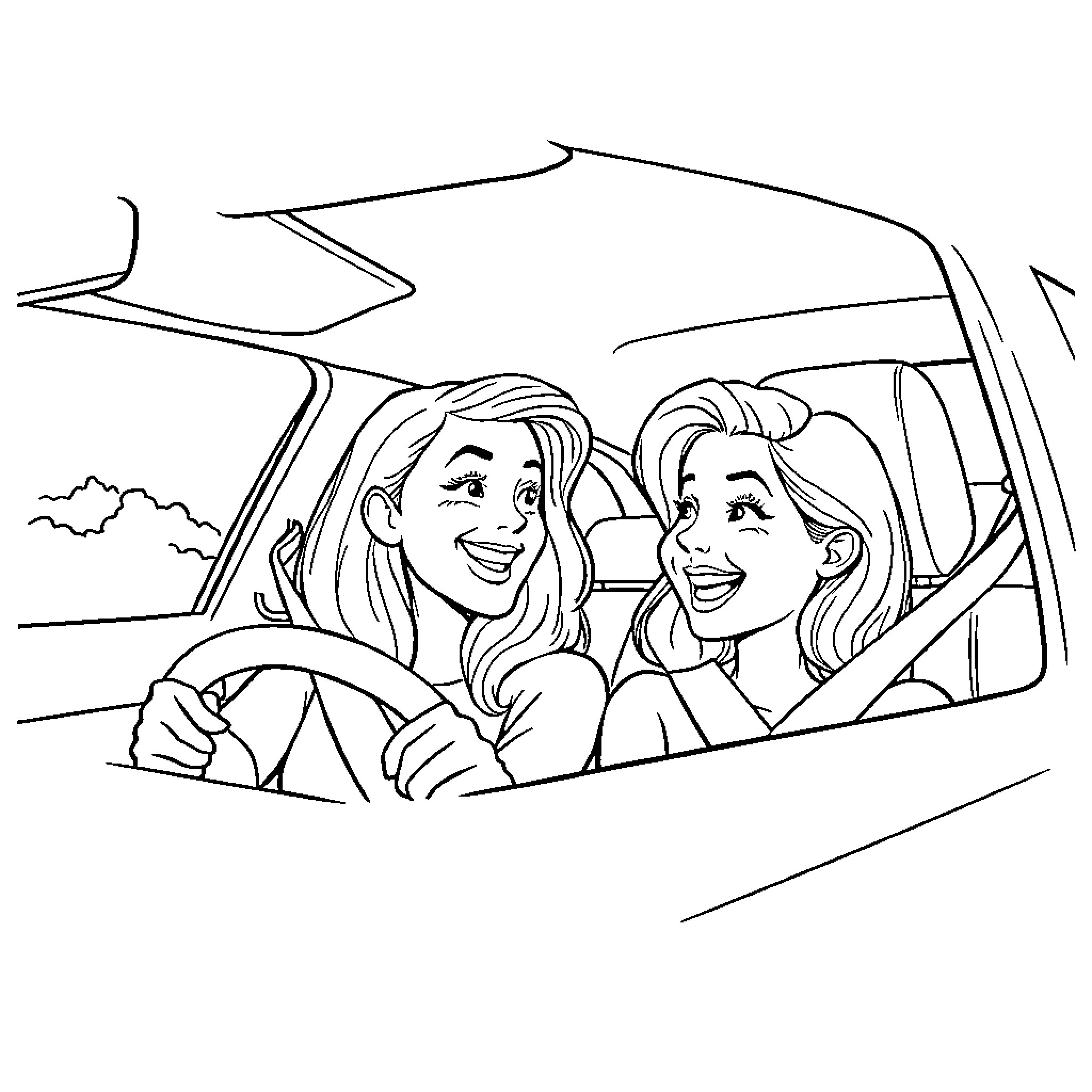 Gabby and friend driving in car, happy expressions Coloring Page (free black-and-white line drawing printable PDF for all, from beginners to advanced learners, including children, teens, adults, and seniors)