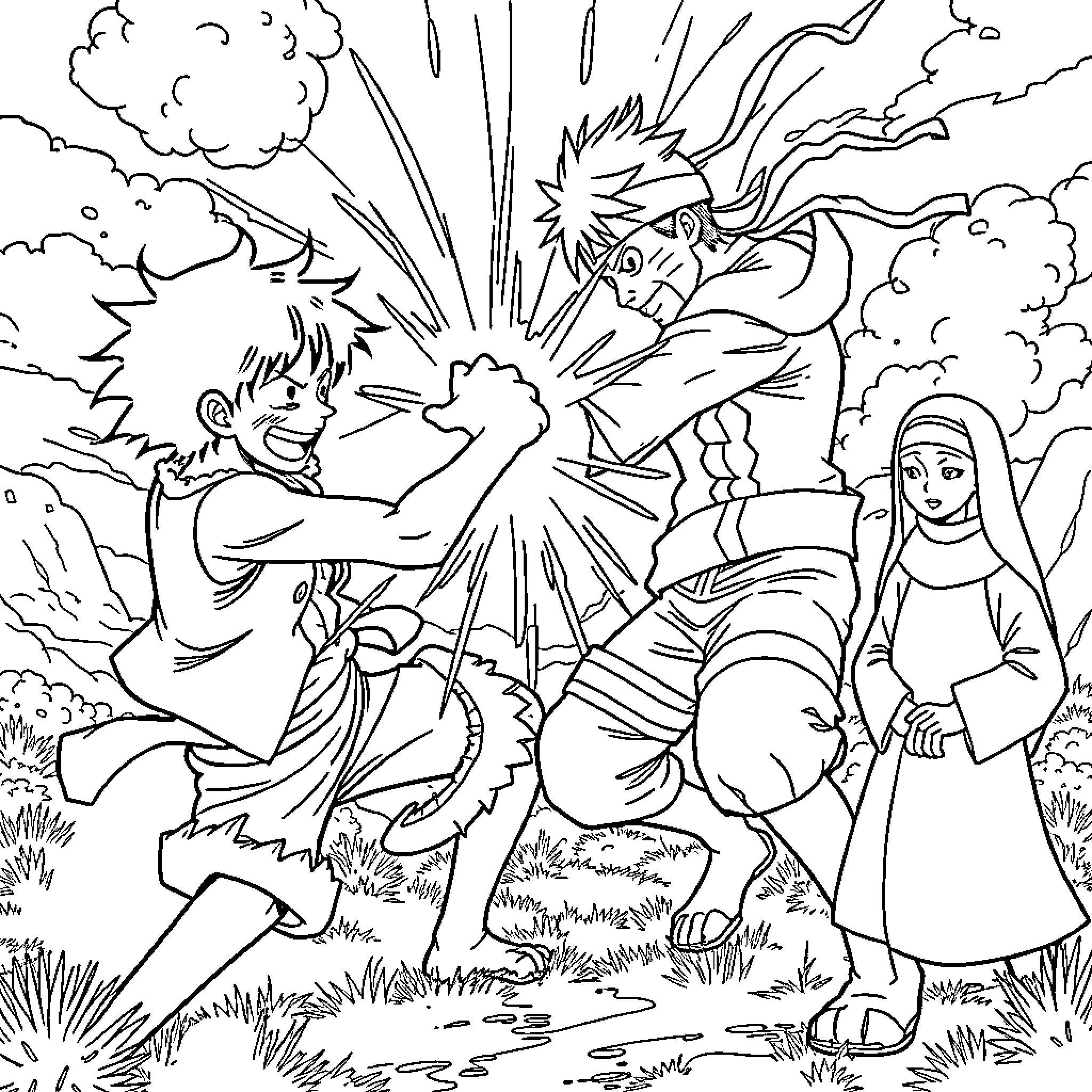 Luffy battling fiercely with explosions in the background Coloring Page (free black-and-white line drawing printable PDF for all, from beginners to advanced learners, including children, teens, adults, and seniors)