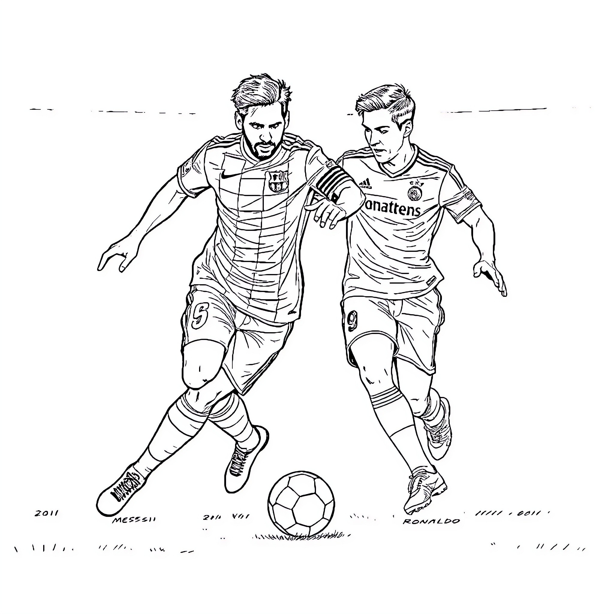 Messi and Ronaldo on the soccer field Coloring Page (free black-and-white line drawing printable PDF for all, from beginners to advanced learners, including children, teens, adults, and seniors)