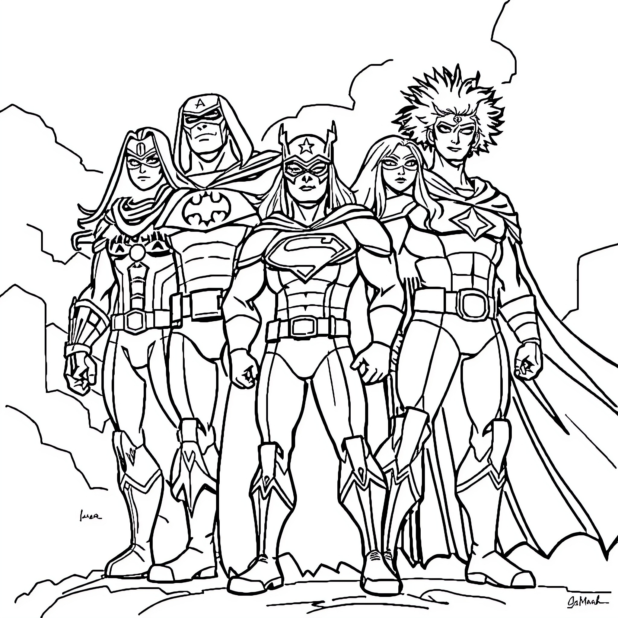 Hero team of superheroes in action poses Coloring Page (free black-and-white line drawing printable PDF for all, from beginners to advanced learners, including children, teens, adults, and seniors)