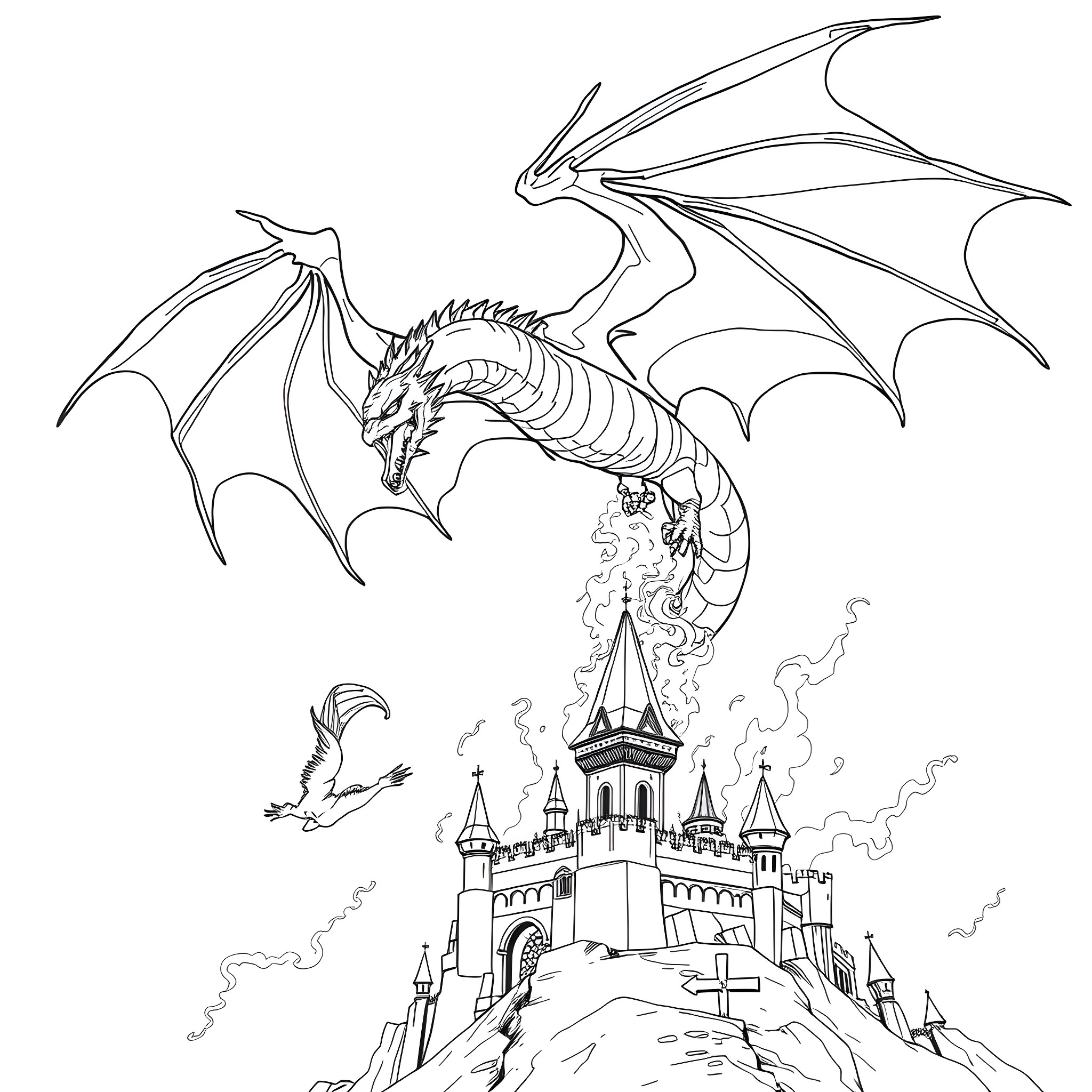 Dragon breathing fire over a fantasy castle Coloring Page (free black-and-white line drawing printable PDF for all, from beginners to advanced learners, including children, teens, adults, and seniors)