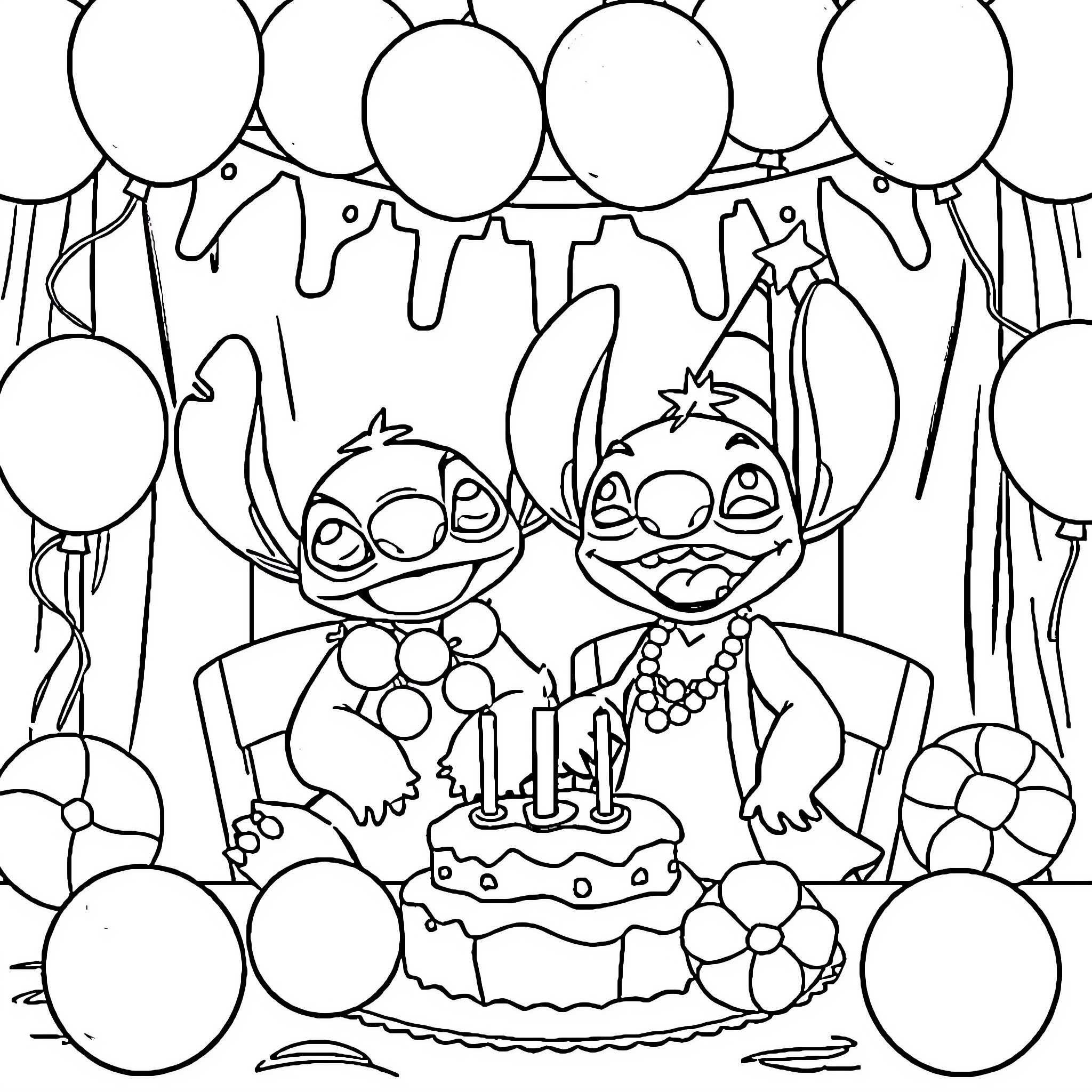 Lilo and Stitch Celebrate a Birthday with Balloons Coloring Page (free black-and-white line drawing printable PDF for all, from beginners to advanced learners, including children, teens, adults, and seniors)