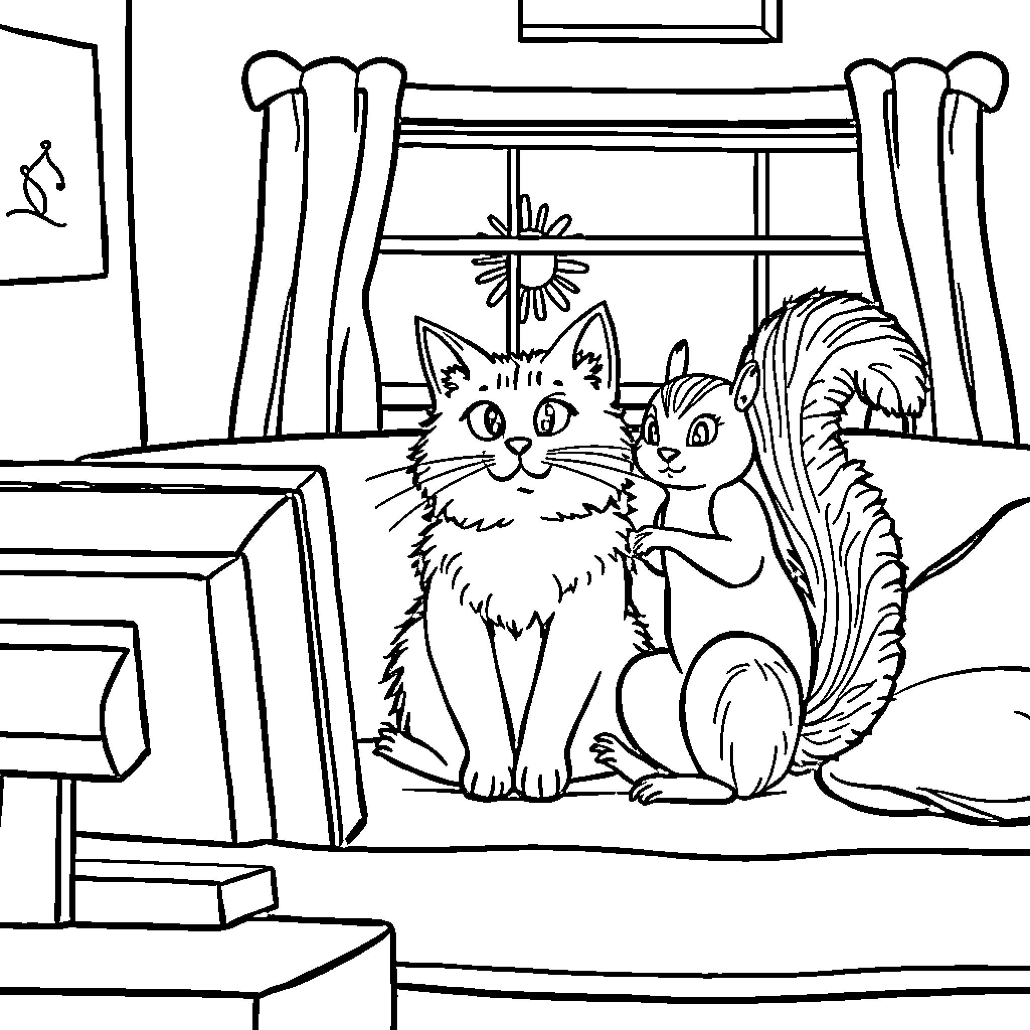 Cats relaxing in cozy living room Coloring Page (free black-and-white line drawing printable PDF for all, from beginners to advanced learners, including children, teens, adults, and seniors)
