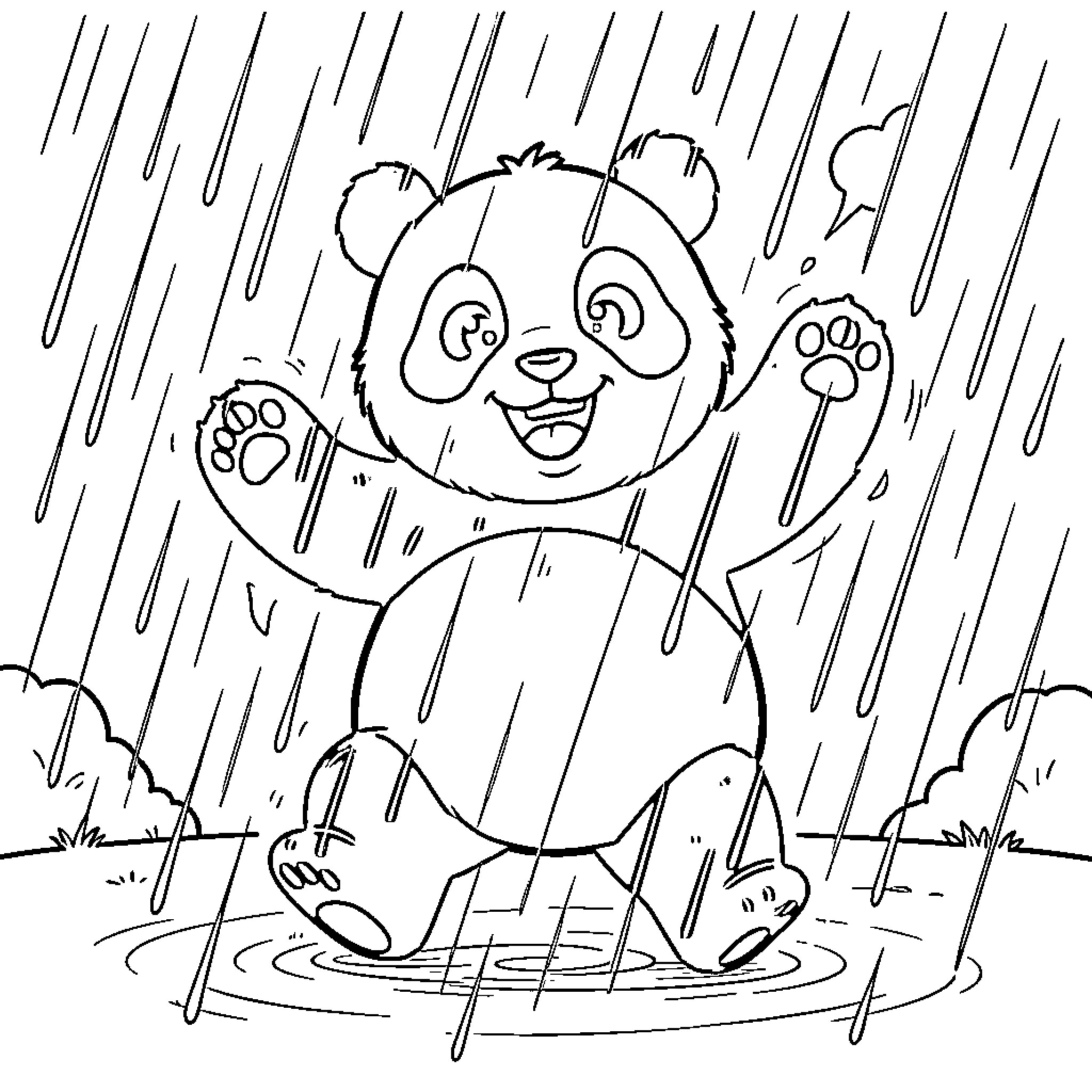 Panda dancing joyfully in the falling rain Coloring Page (free black-and-white line drawing printable PDF for all, from beginners to advanced learners, including children, teens, adults, and seniors)