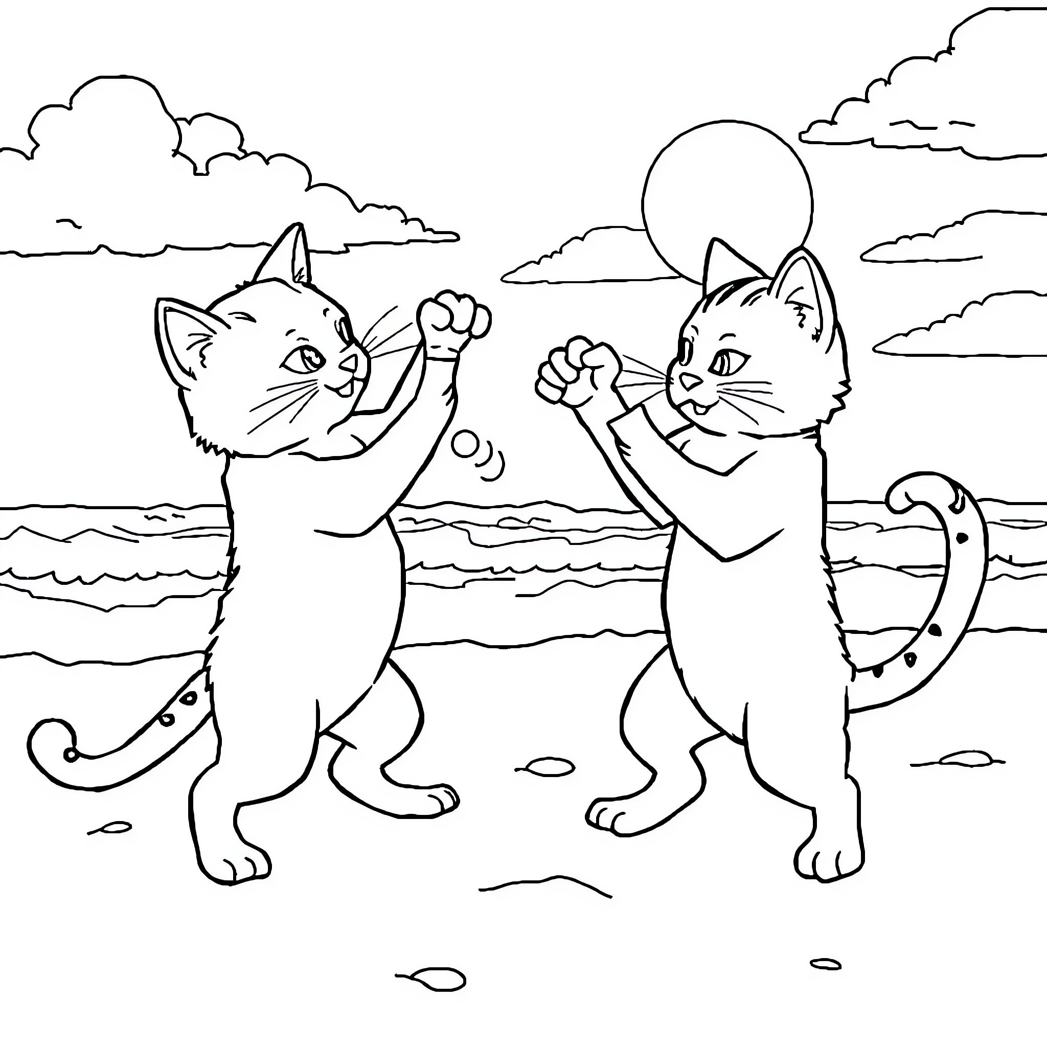 Cats playing together on the beach Coloring Page (free black-and-white line drawing printable PDF for all, from beginners to advanced learners, including children, teens, adults, and seniors)