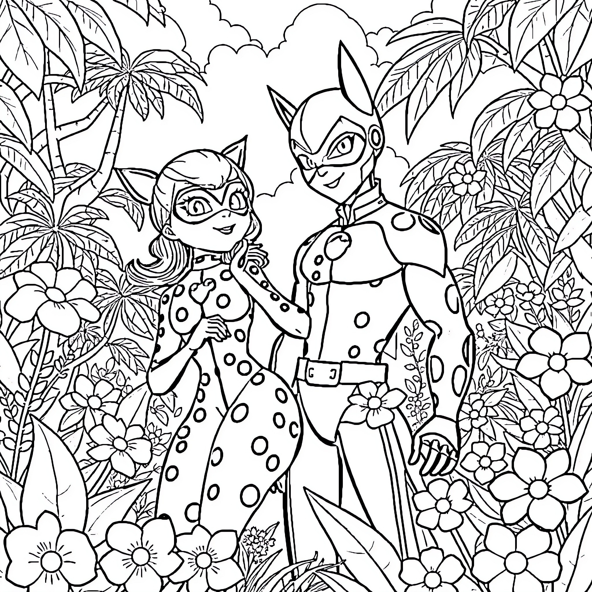 Miraculous Cat Noir Duo Exploring Tropical Jungle Coloring Page (free black-and-white line drawing printable PDF for all, from beginners to advanced learners, including children, teens, adults, and seniors)