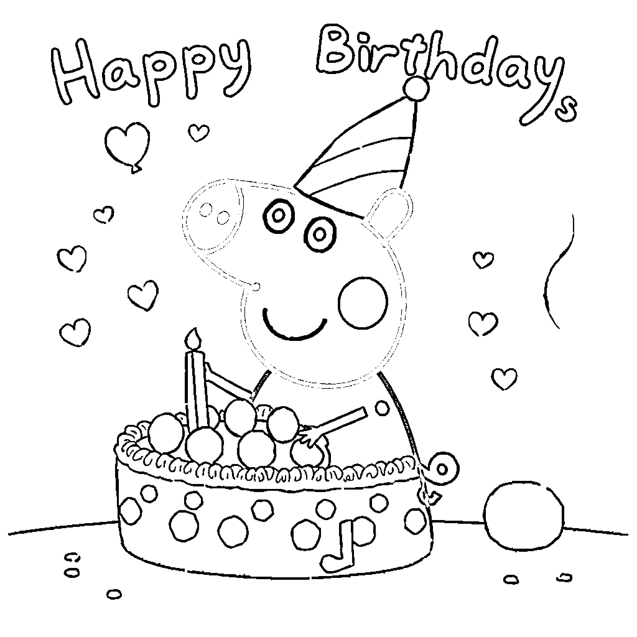 Peppa Pig celebrates birthday with cake and party hat Coloring Page (free black-and-white line drawing printable PDF for all, from beginners to advanced learners, including children, teens, adults, and seniors)
