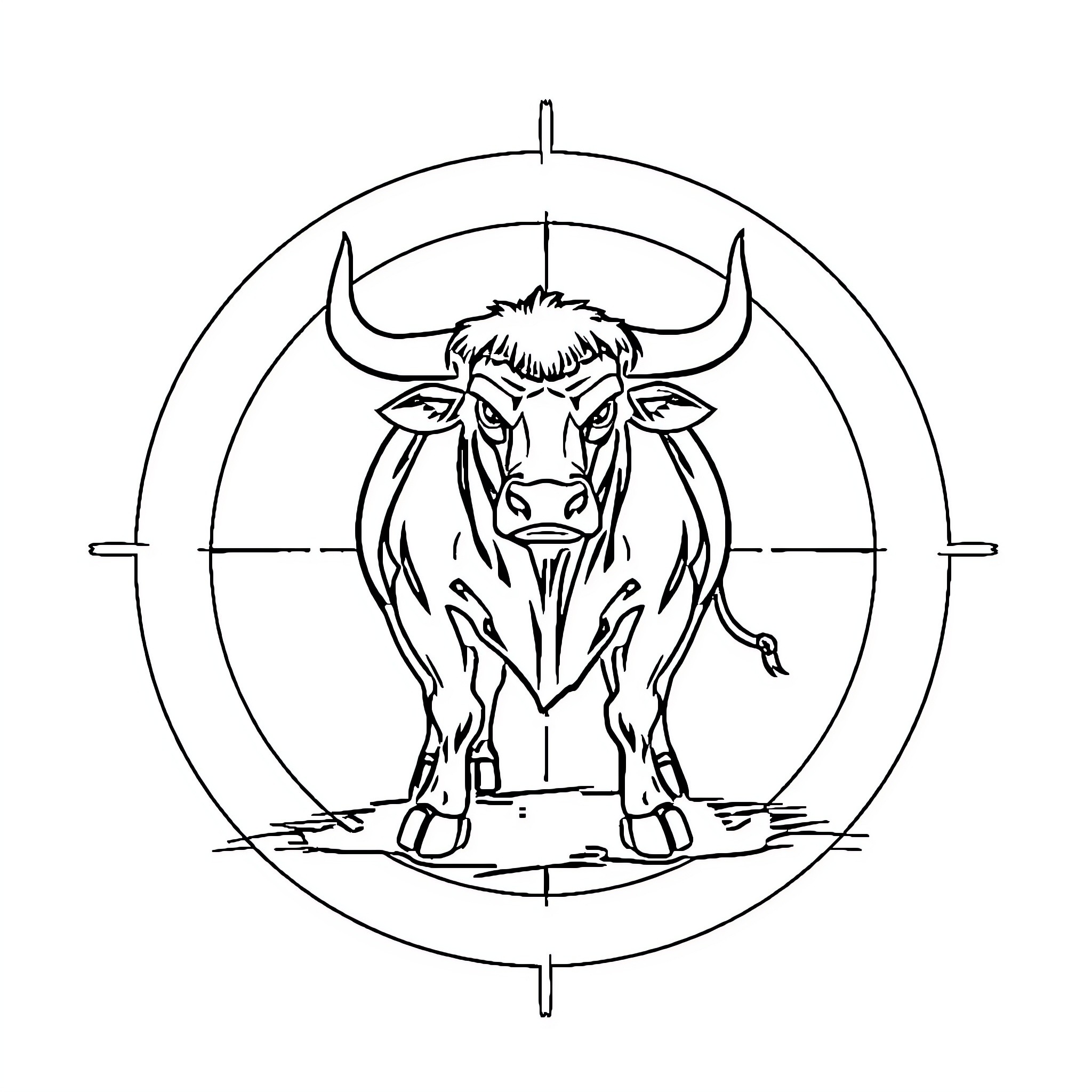 Bull in Sights of Crosshairs Coloring Page (free black-and-white line drawing printable PDF for all, from beginners to advanced learners, including children, teens, adults, and seniors)