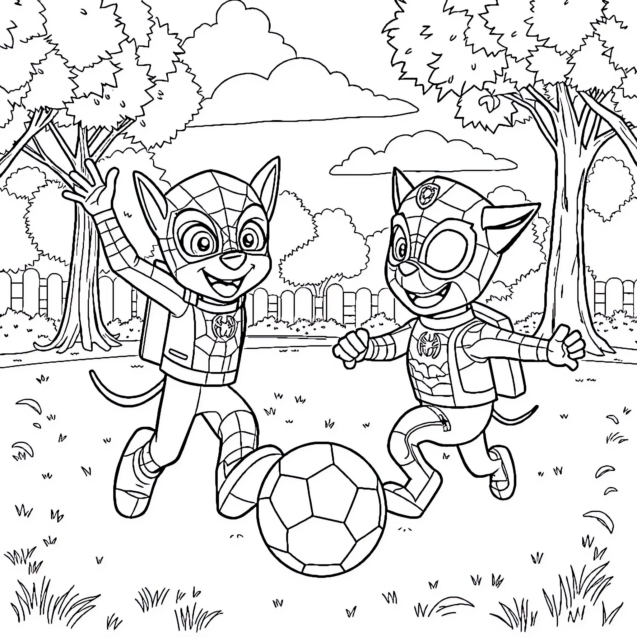 Paw Patrol playing happily with soccer ball in the park Coloring Page (free black-and-white line drawing printable PDF for all, from beginners to advanced learners, including children, teens, adults, and seniors)