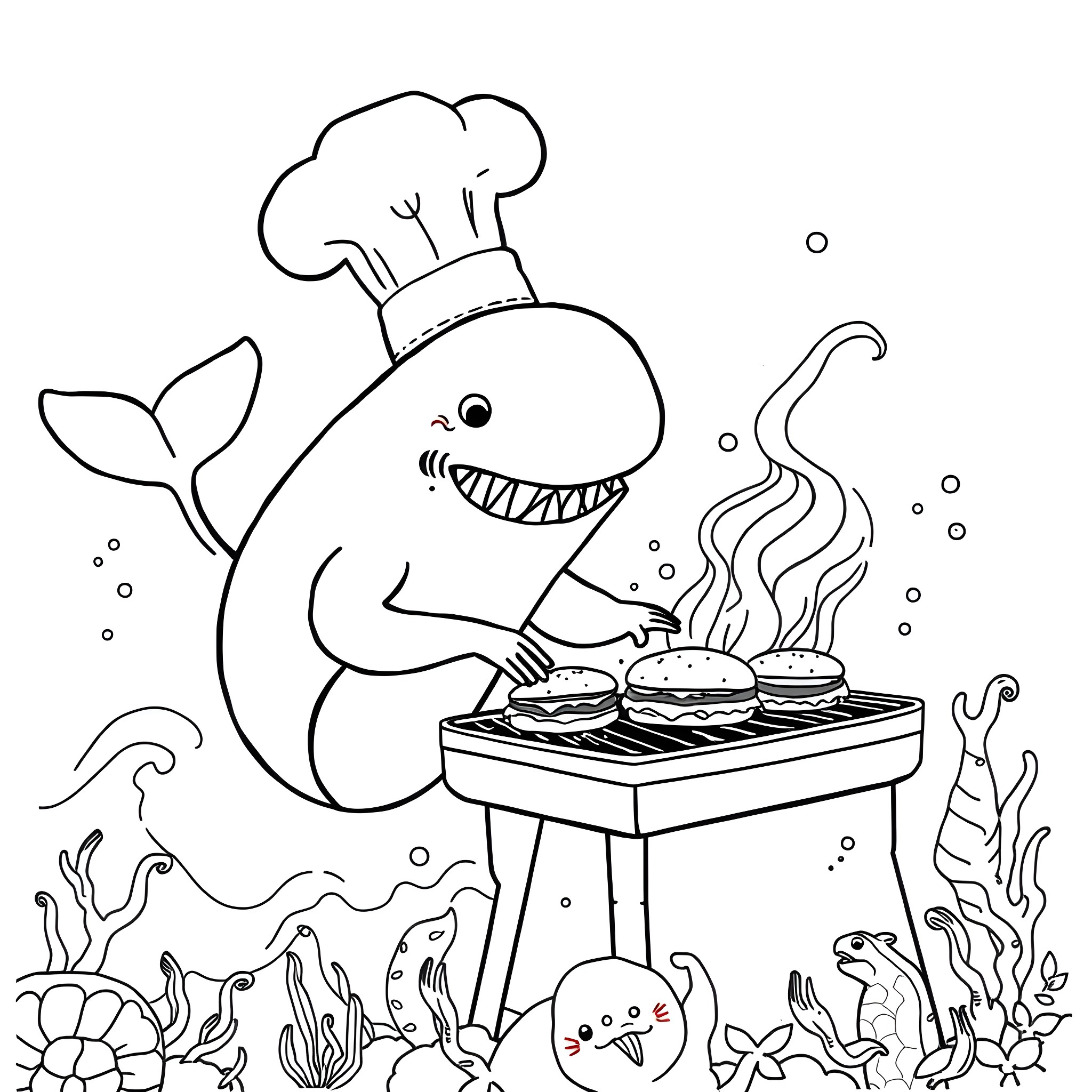 Whale Chef Grilling Delicious Burgers Underwater Coloring Page (free black-and-white line drawing printable PDF for all, from beginners to advanced learners, including children, teens, adults, and seniors)
