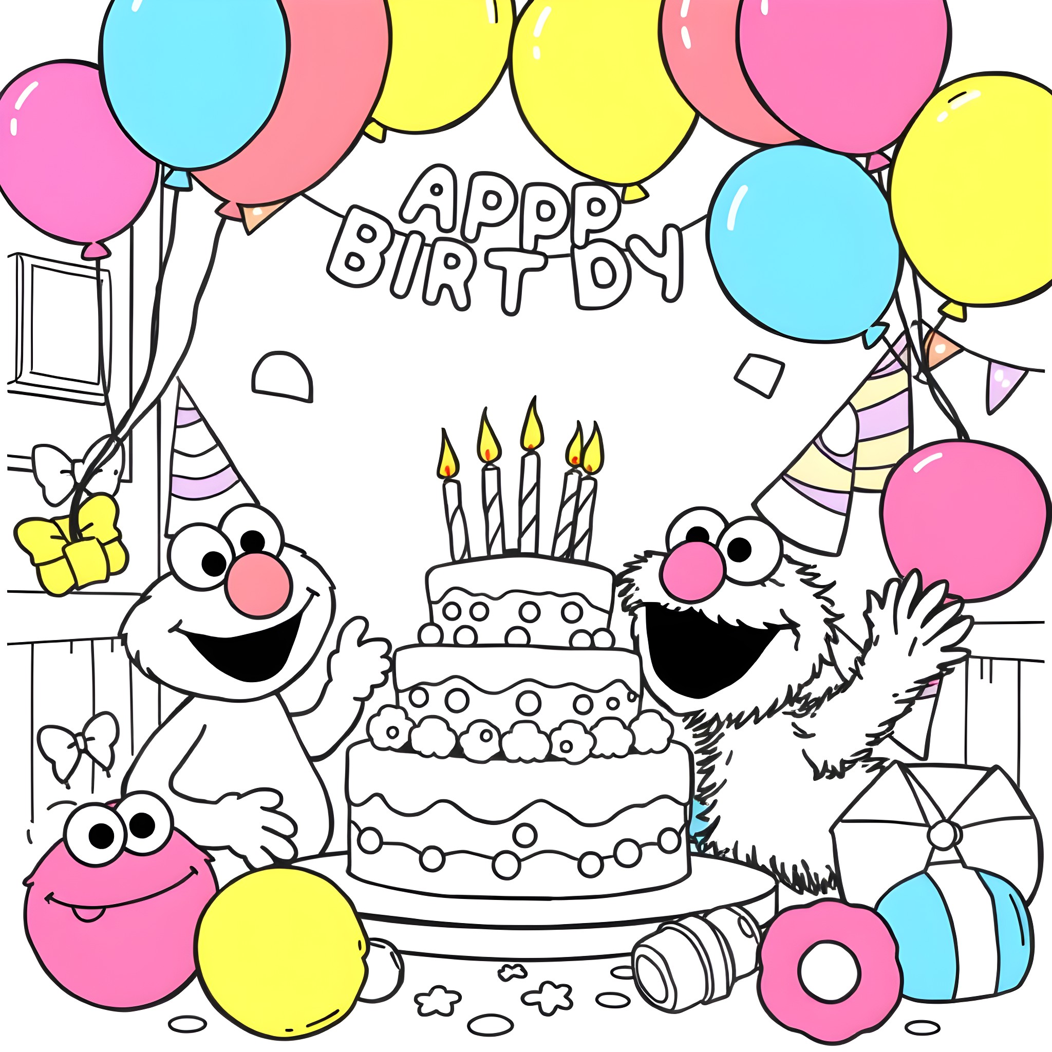 Sesame Street characters celebrating a birthday party Coloring Page (free black-and-white line drawing printable PDF for all, from beginners to advanced learners, including children, teens, adults, and seniors)