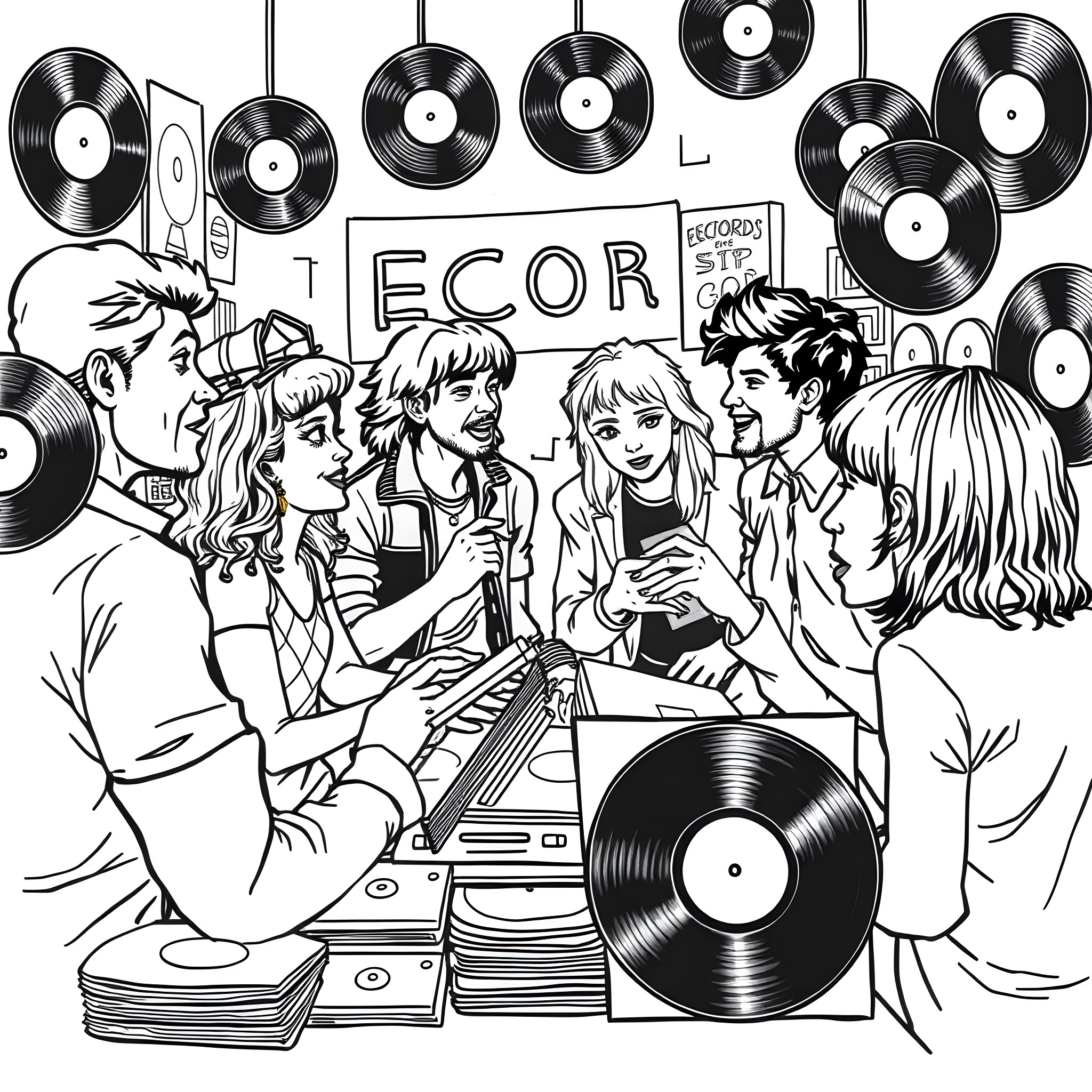 Empire Records: Teens Bonding Over Music at the Record Shop Coloring Page (free black-and-white line drawing printable PDF for all, from beginners to advanced learners, including children, teens, adults, and seniors)
