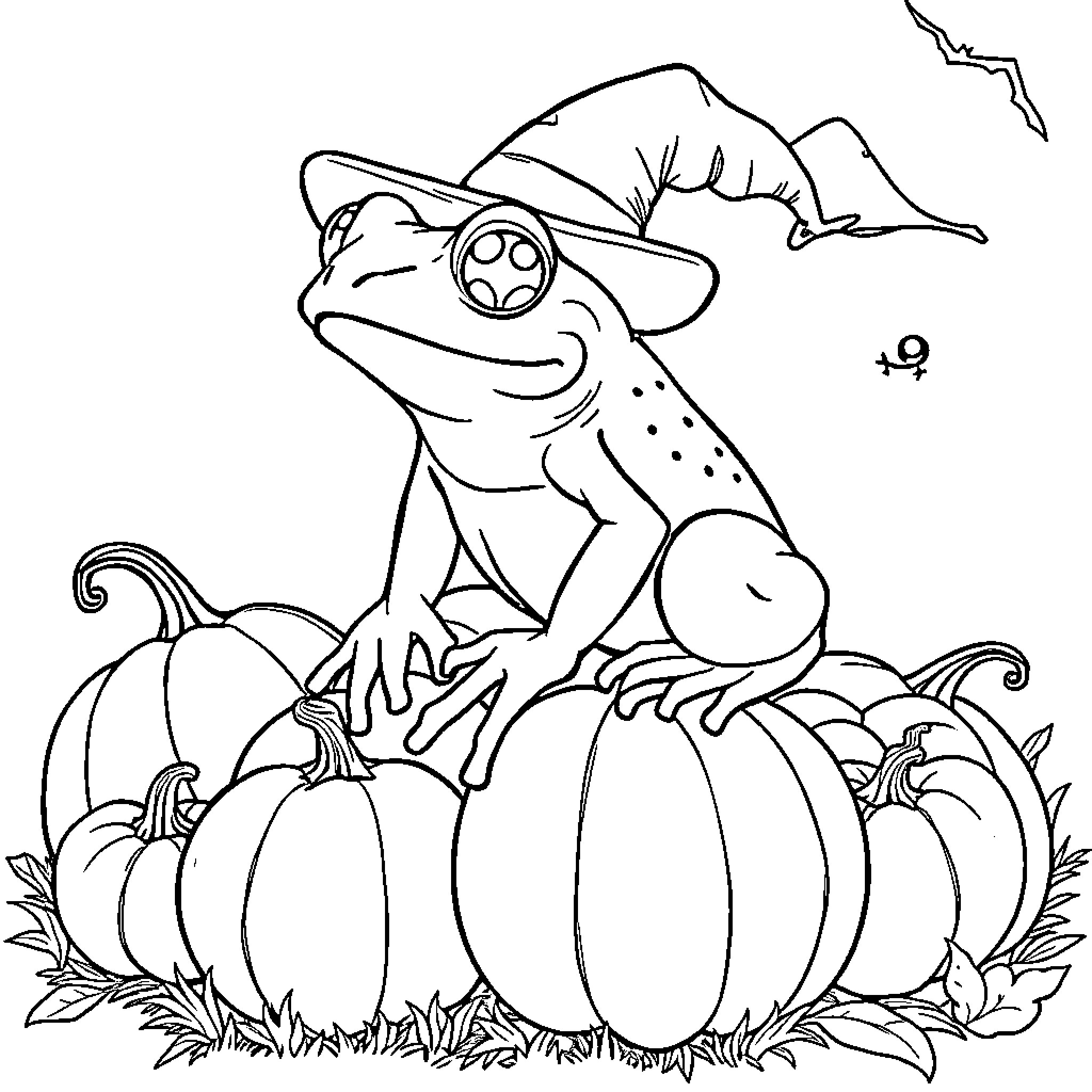 Tree Frog exploring pumpkins and leaves Coloring Page (free black-and-white line drawing printable PDF for all, from beginners to advanced learners, including children, teens, adults, and seniors)
