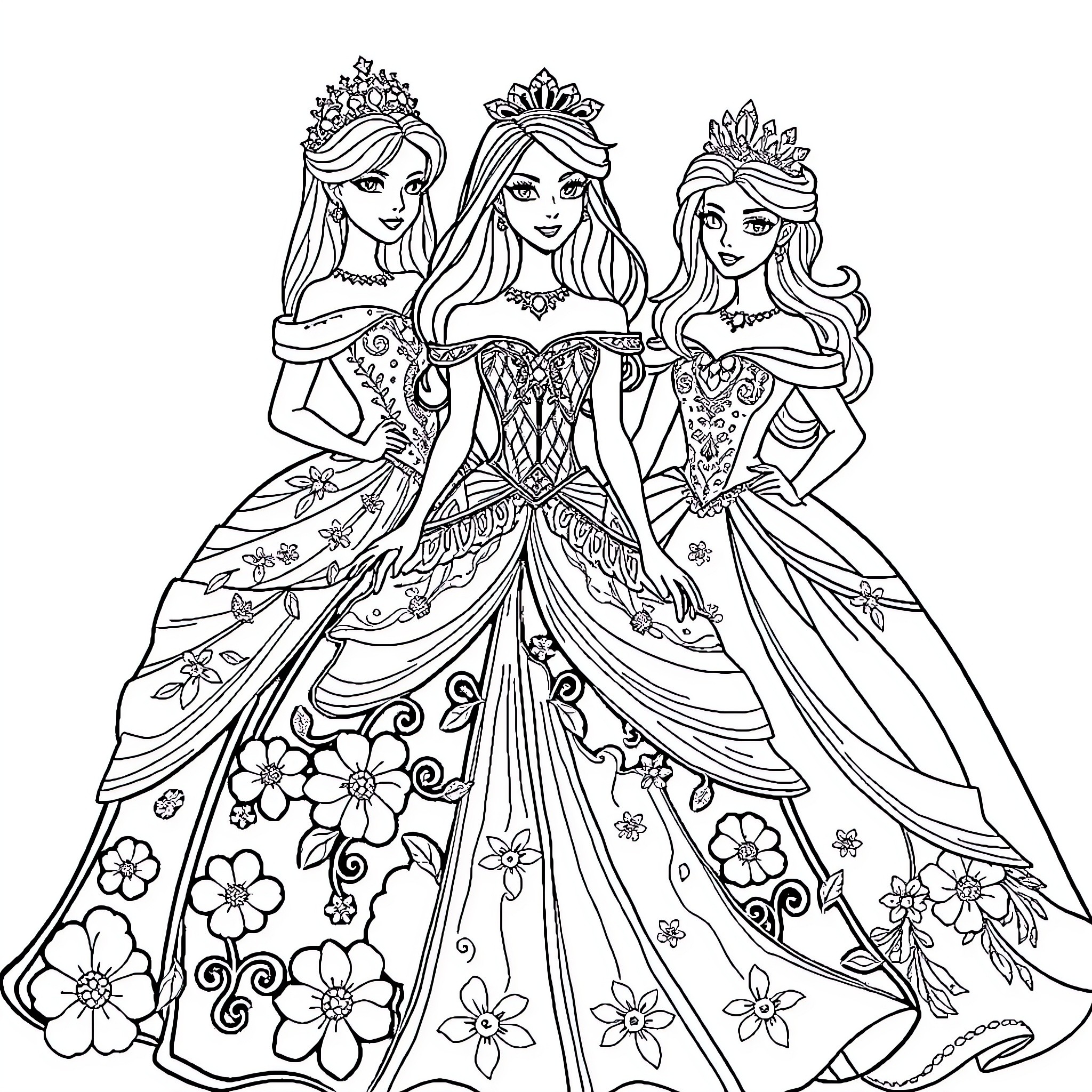 Princess friends in fancy dresses and tiaras Coloring Page (free black-and-white line drawing printable PDF for all, from beginners to advanced learners, including children, teens, adults, and seniors)
