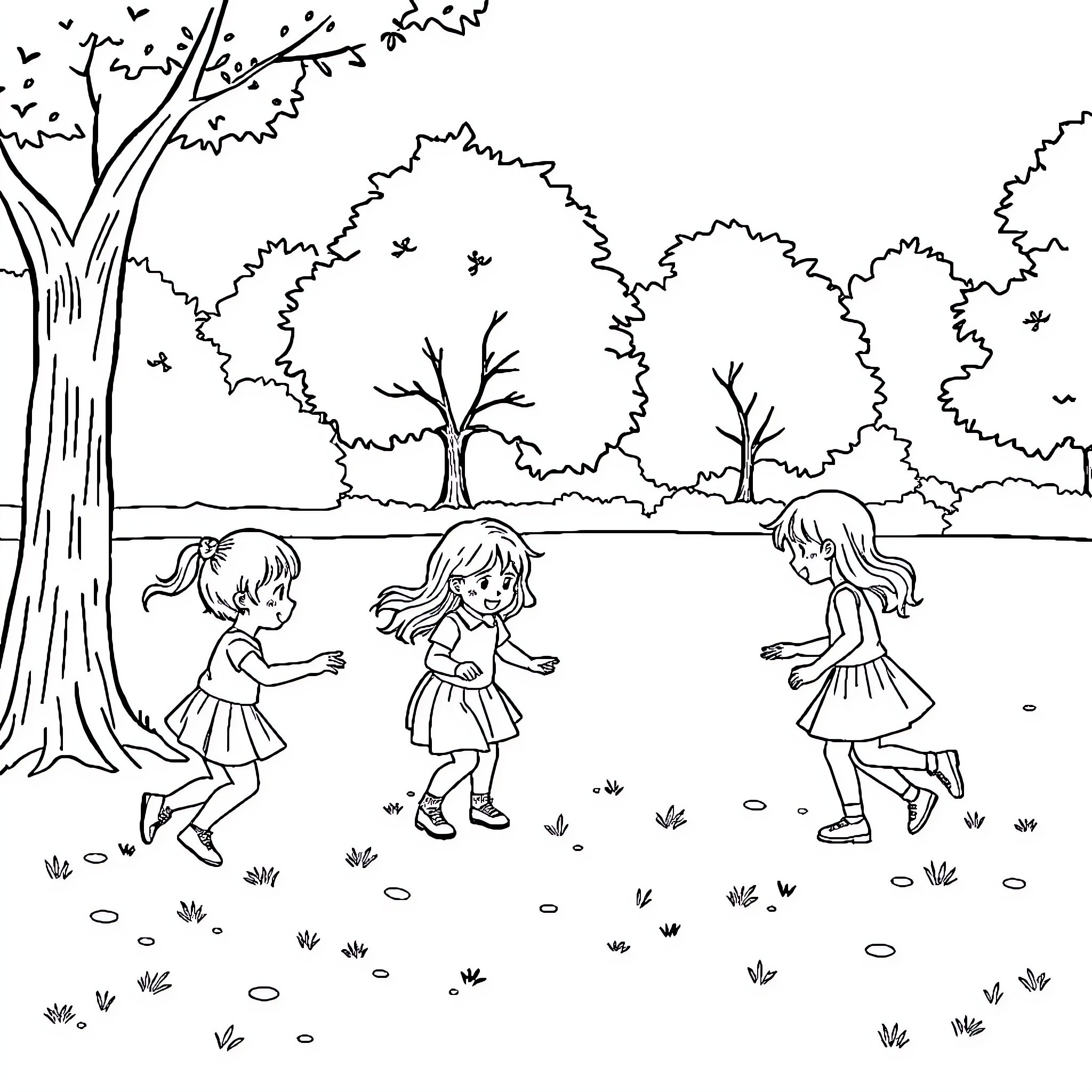Girls playing joyfully in a nature setting Coloring Page (free black-and-white line drawing printable PDF for all, from beginners to advanced learners, including children, teens, adults, and seniors)