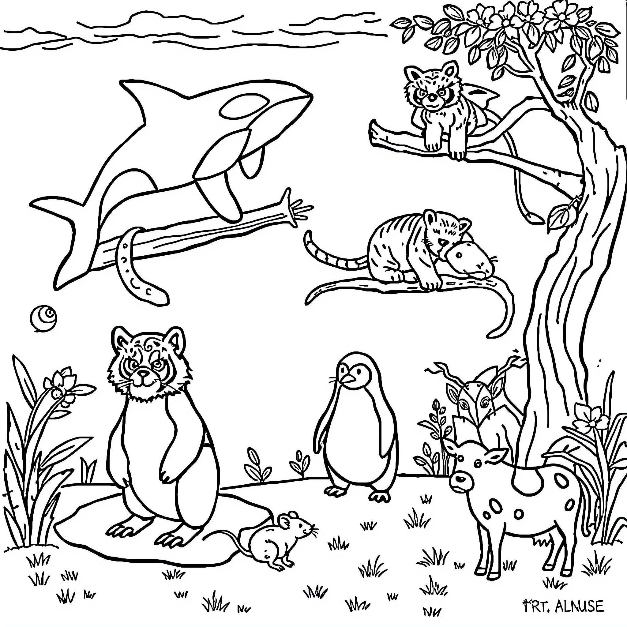 Orca and animals in the wild Coloring Page (free black-and-white line drawing printable PDF for all, from beginners to advanced learners, including children, teens, adults, and seniors)